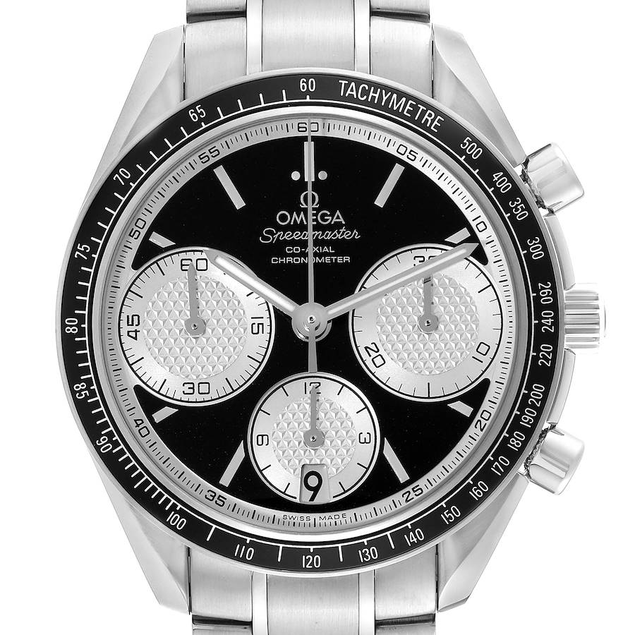 This is a front view of the Omega Speedmaster watch, showcasing its dial, chronographs, tachymeter bezel, and metal bracelet.