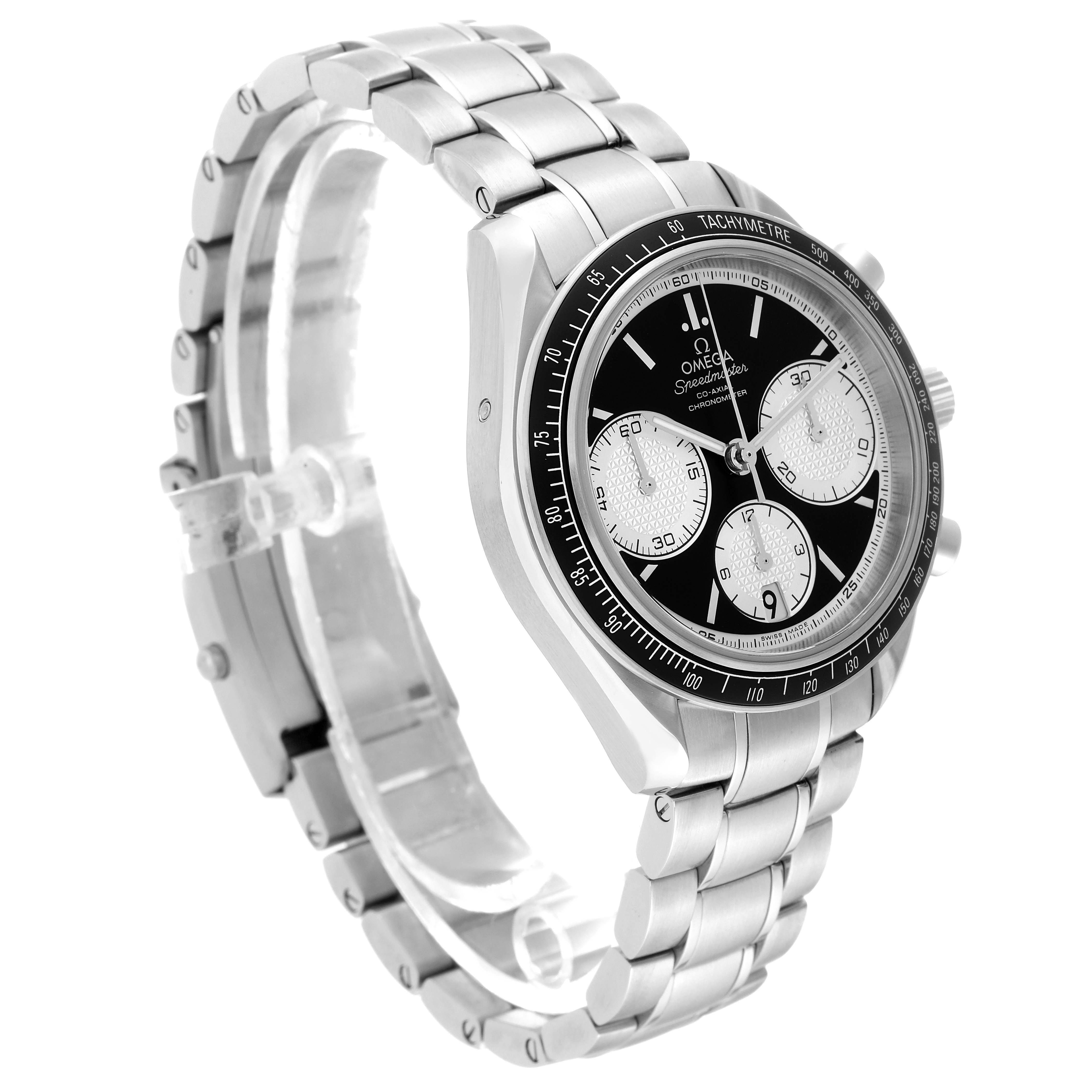 The Omega Speedmaster 326.30.40.50.01.002 Men
s Stainless Steel Black Dial 326.30.40.50.01.002 Men
s Stainless Steel Black Dial watch is shown at a three-quarter angle, displaying its stainless steel bracelet, black dial, and tachymeter bezel.