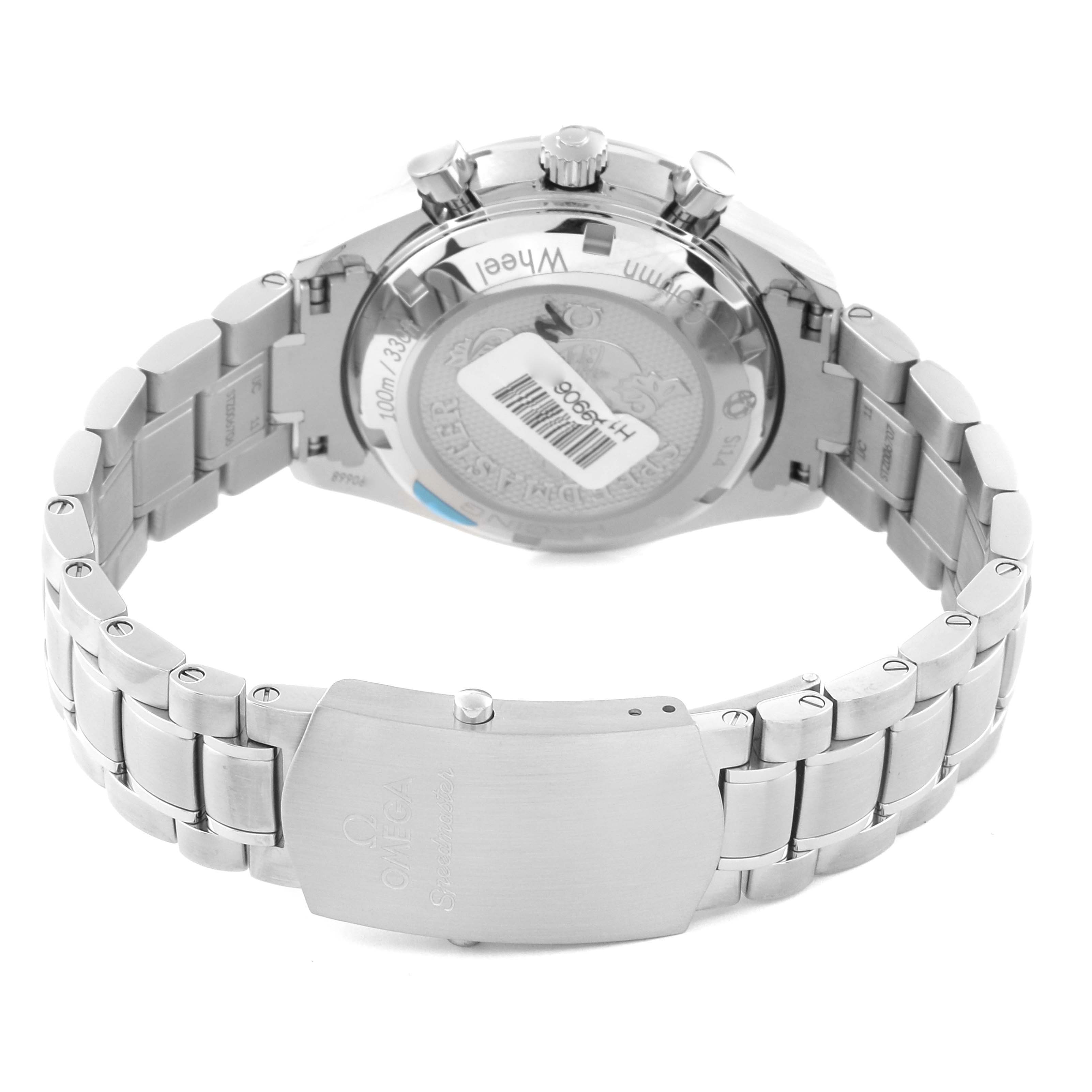 The image shows the back of an Omega Speedmaster 326.30.40.50.01.002 Men
s Stainless Steel Black Dial 326.30.40.50.01.002 Men
s Stainless Steel Black Dial watch, featuring its stainless steel bracelet and clasp.