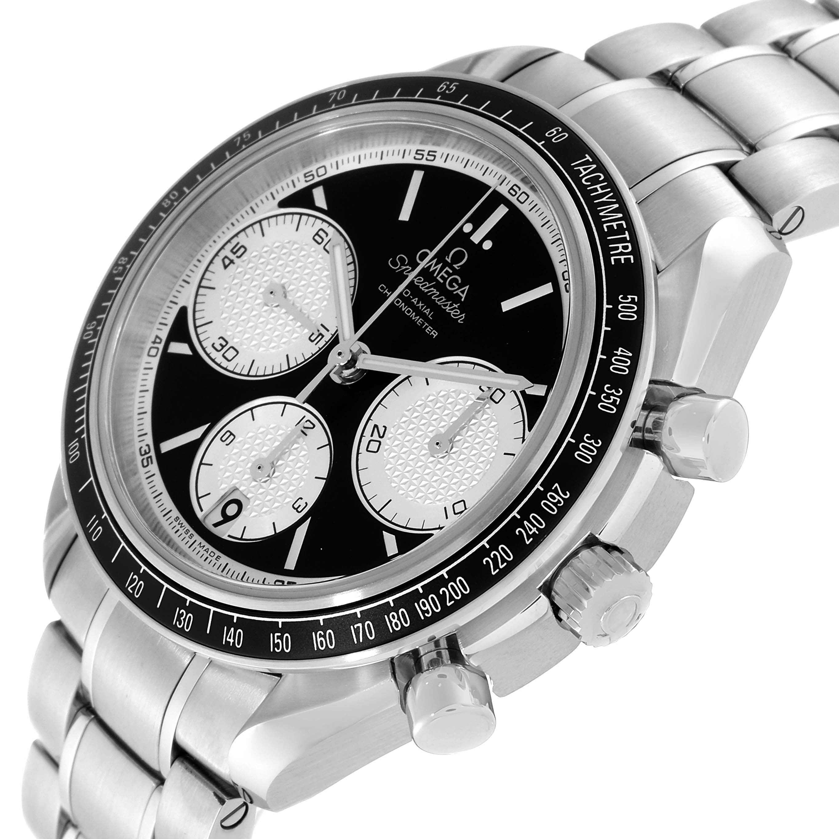 This image shows an Omega Speedmaster 326.30.40.50.01.002 Men
s Stainless Steel Black Dial 326.30.40.50.01.002 Men
s Stainless Steel Black Dial watch from a side angle, highlighting the dial, tachymeter bezel, and crown with pushers.