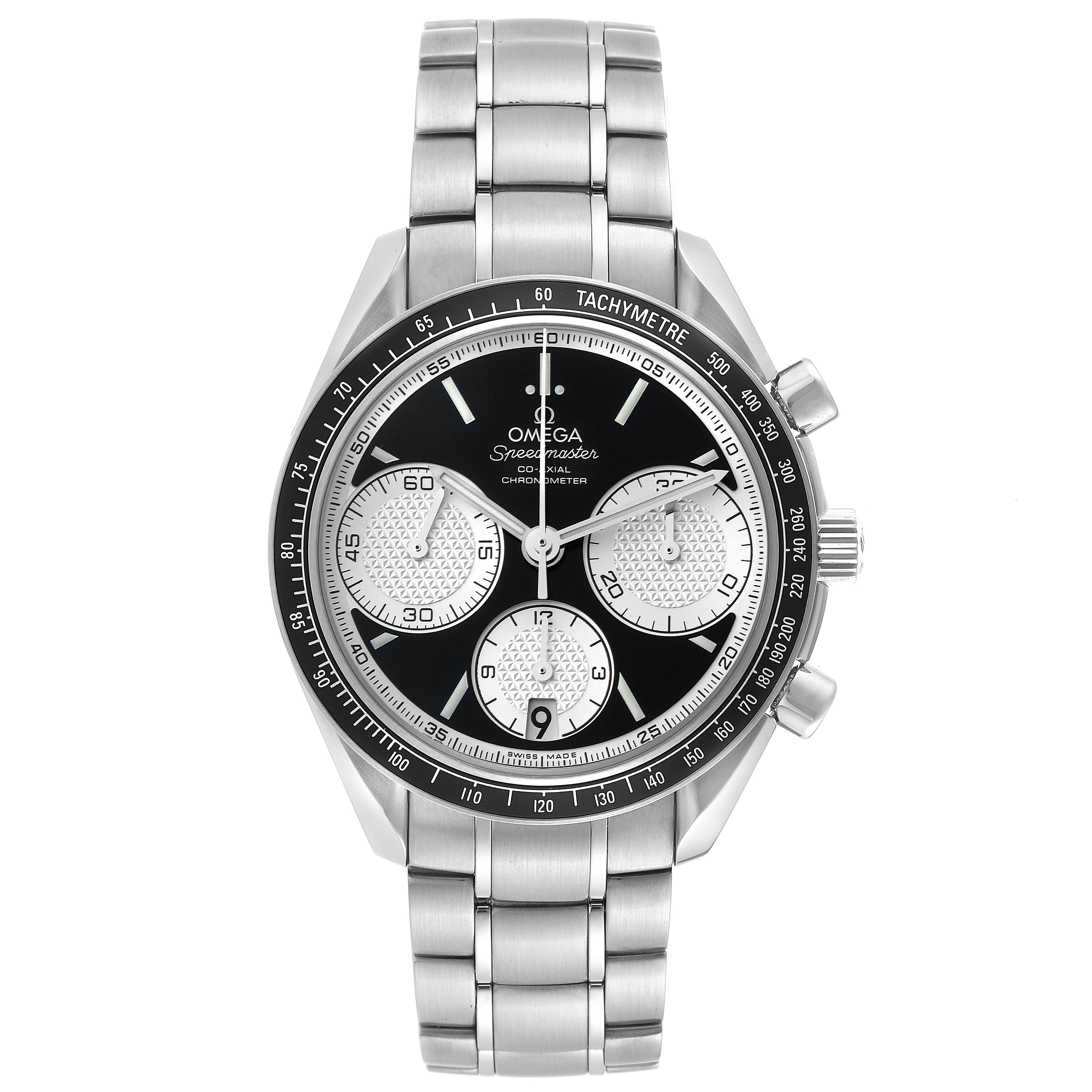 This image shows a frontal view of the Omega Speedmaster 326.30.40.50.01.002 Men
s Stainless Steel Black Dial 326.30.40.50.01.002 Men
s Stainless Steel Black Dial watch, highlighting its dial, bezel, and bracelet.