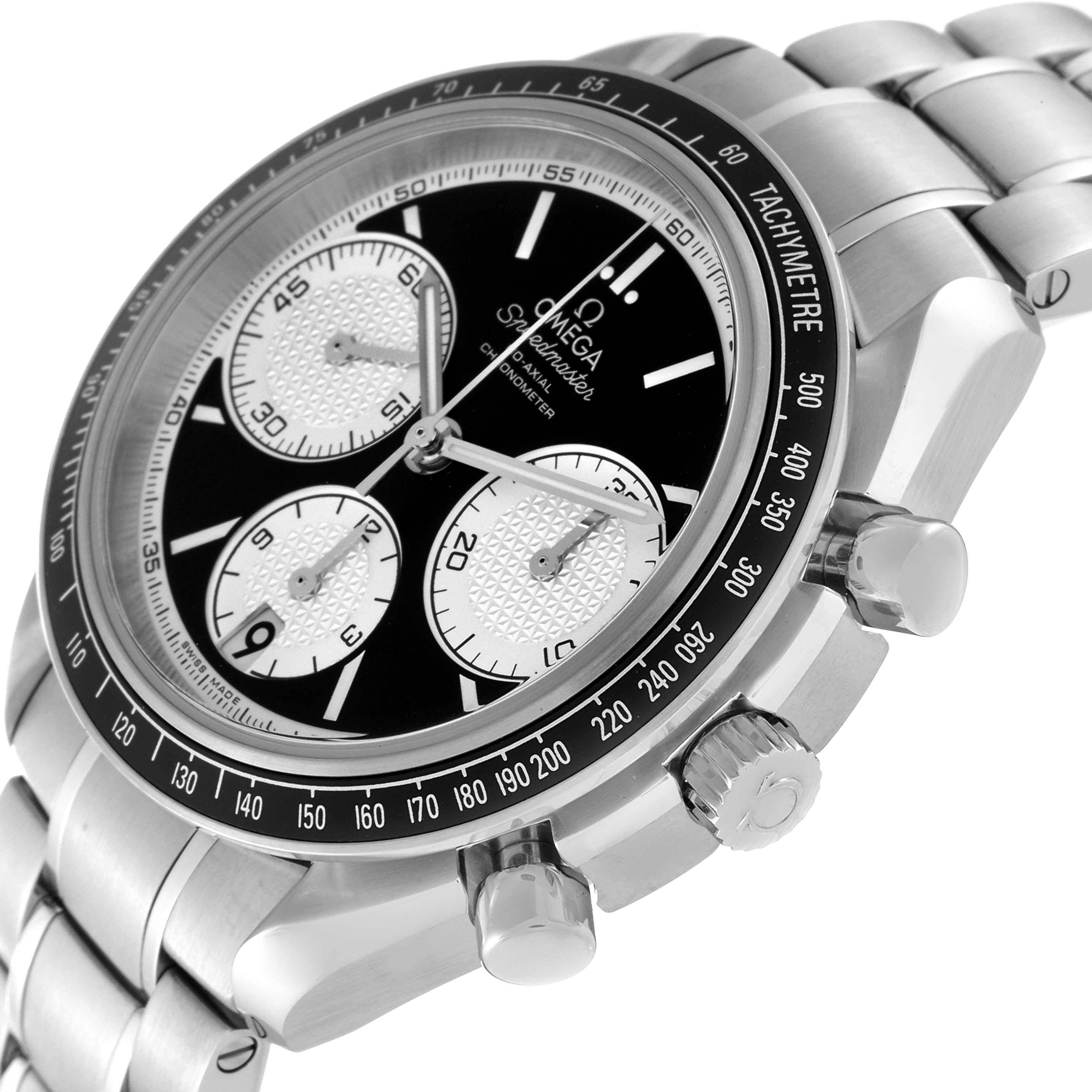 The image shows a close-up angle of the Omega Speedmaster 326.30.40.50.01.002 Men
s Stainless Steel Black Dial 326.30.40.50.01.002 Men
s Stainless Steel Black Dial watch
s face, crown, pushers, and bracelet.