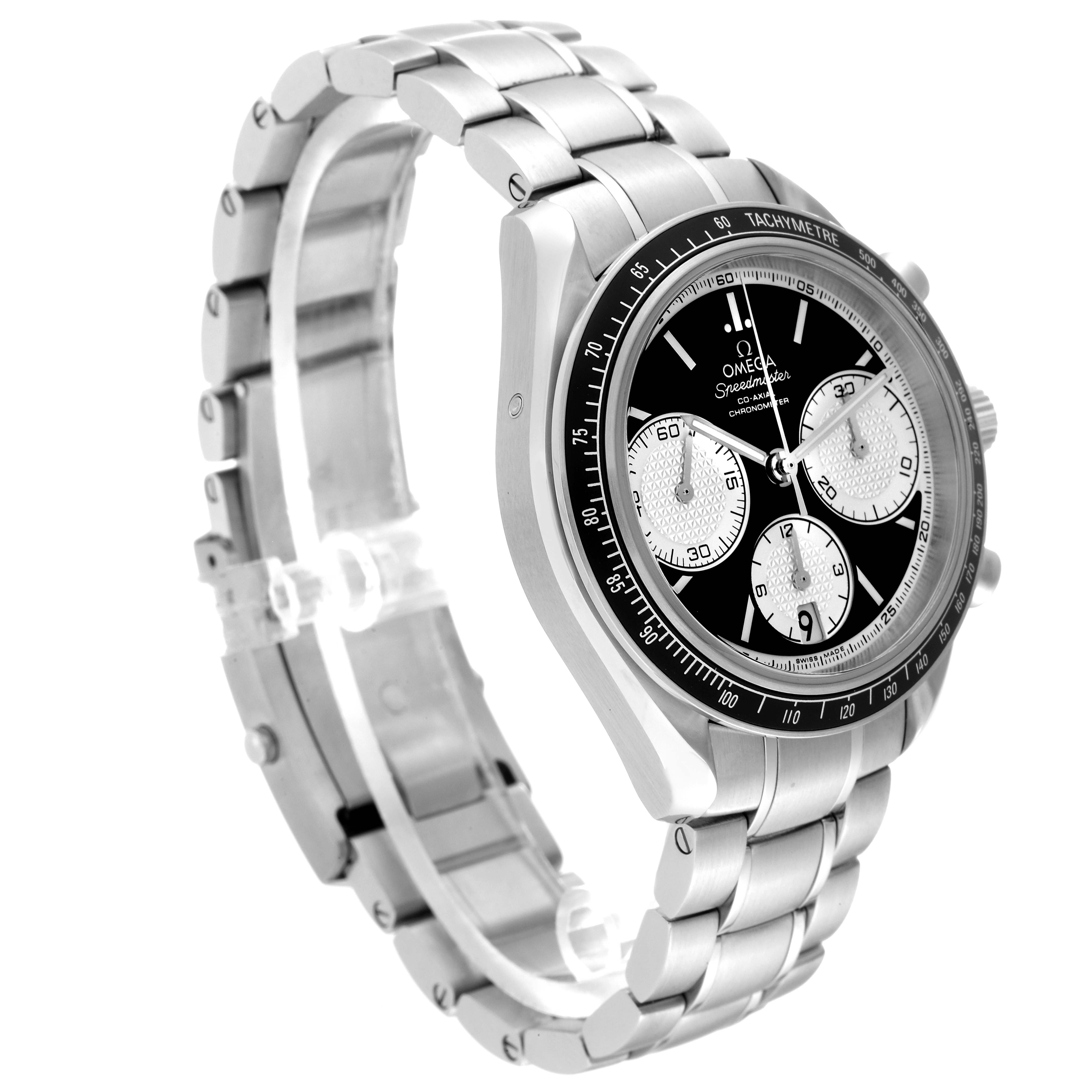 The image shows an angled view of the Omega Speedmaster 326.30.40.50.01.002 Men
s Stainless Steel Black Dial 326.30.40.50.01.002 Men
s Stainless Steel Black Dial watch, highlighting the bezel, dial, and stainless steel bracelet.