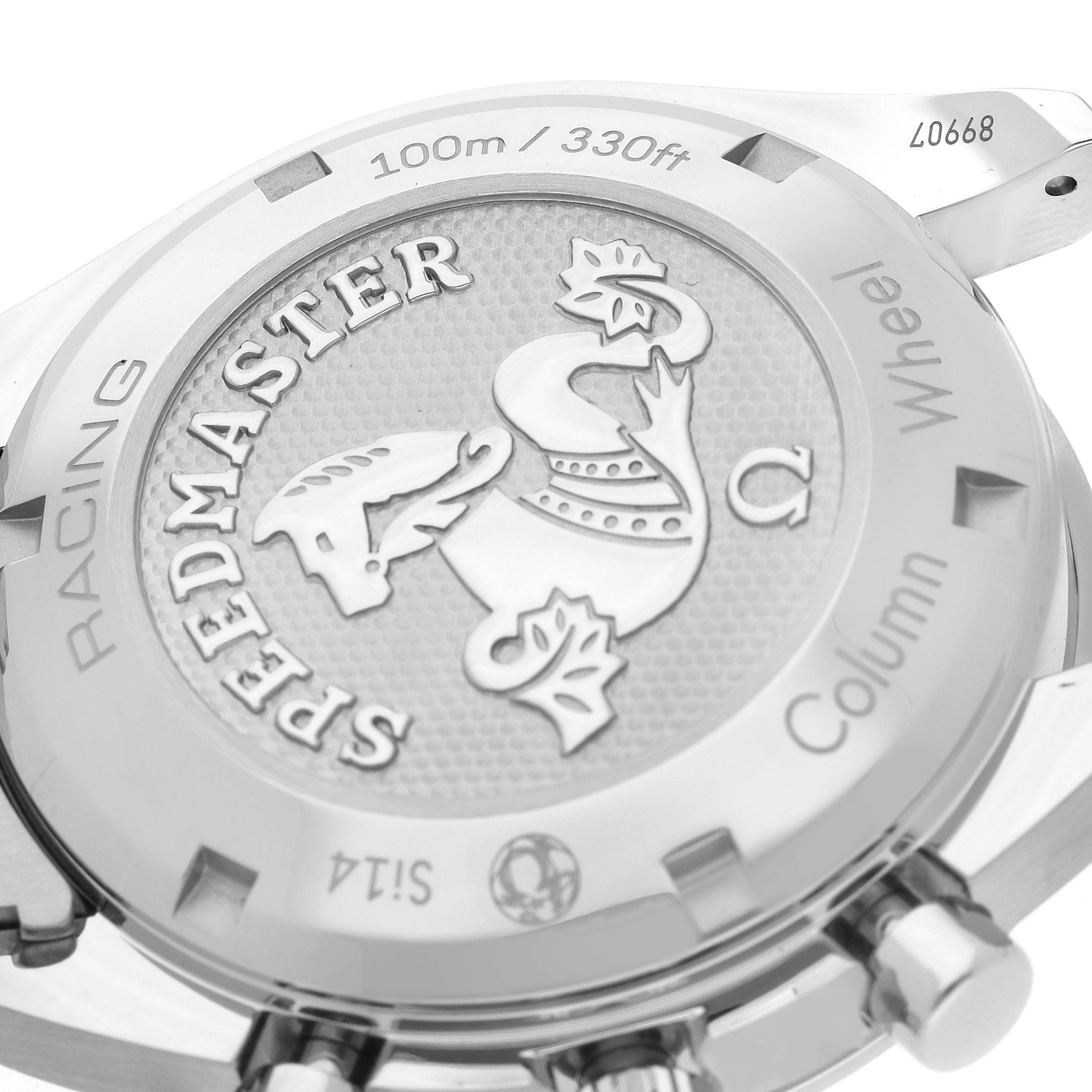 This is a close-up shot of the Omega Speedmaster 326.30.40.50.01.002 Men
s Stainless Steel Black Dial 326.30.40.50.01.002 Men
s Stainless Steel Black Dial Racing watch case back, showcasing its detailed engravings and limited edition number.