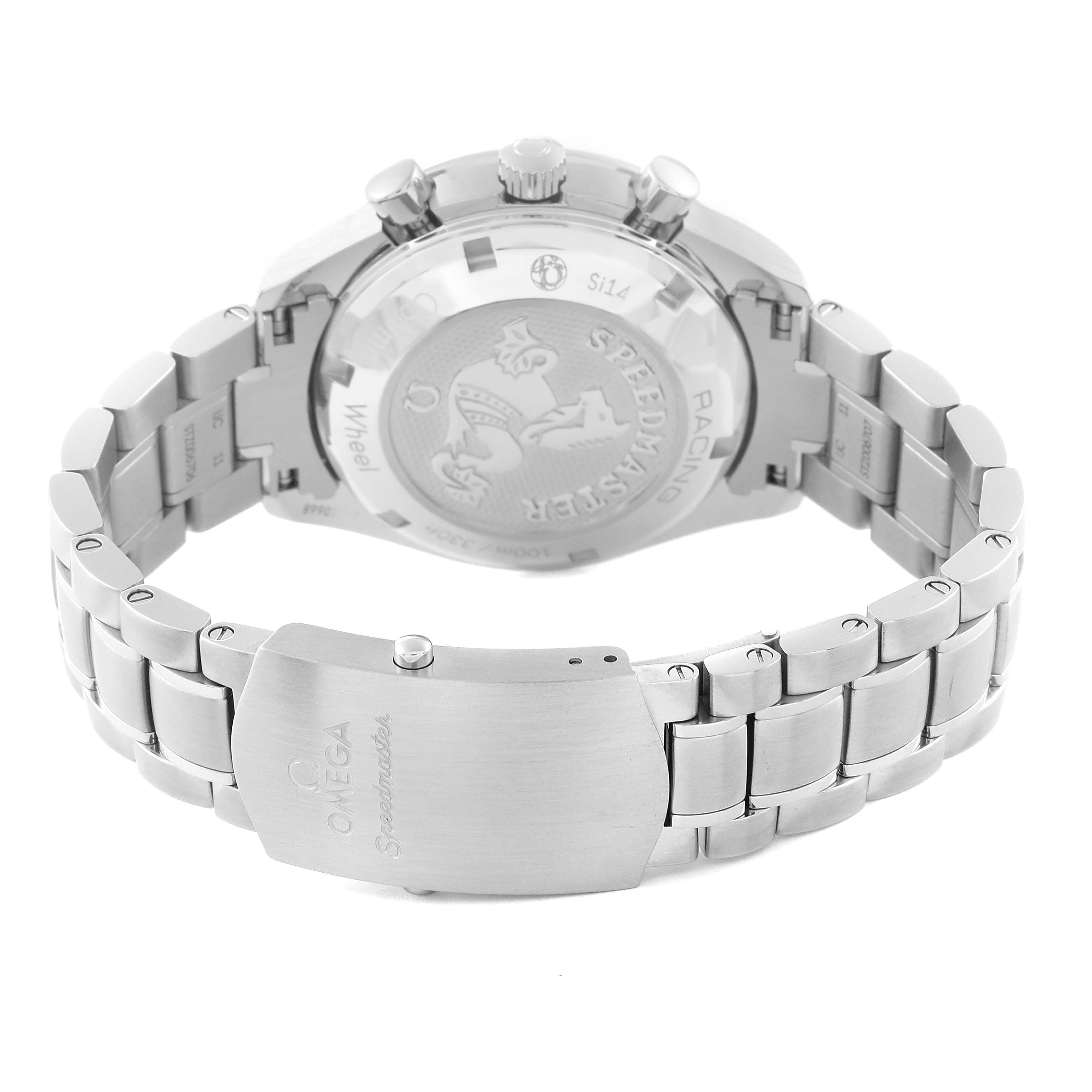 The image shows the rear view of the Omega Speedmaster 326.30.40.50.01.002 Men
s Stainless Steel Black Dial 326.30.40.50.01.002 Men
s Stainless Steel Black Dial, highlighting its case back and stainless steel bracelet.