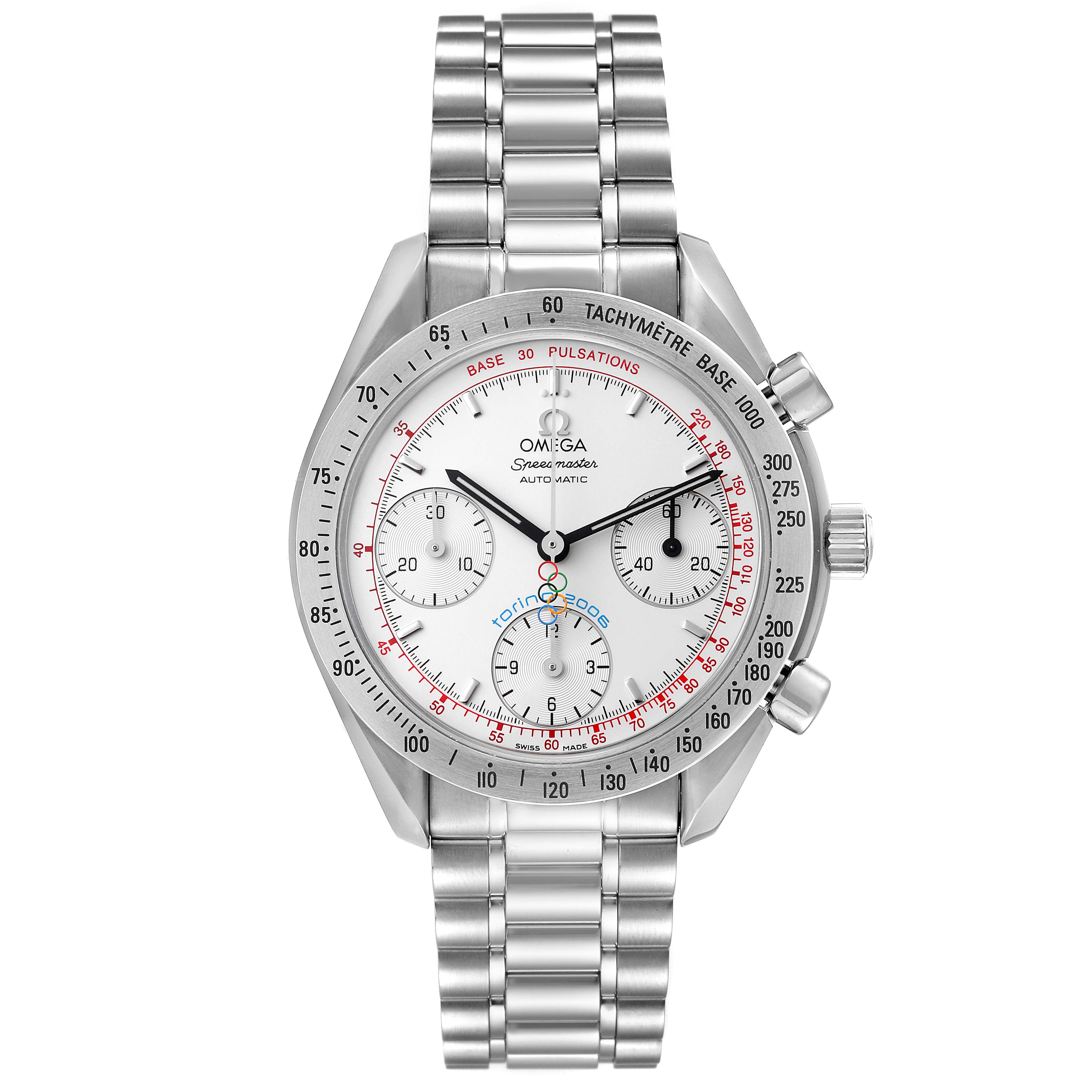 The image shows a front view of an Omega Speedmaster 3538.30.00 Men's Stainless Steel White Dial 3538.30.00 Men's Stainless Steel White Dial watch, displaying its face, bezel, and metal bracelet.