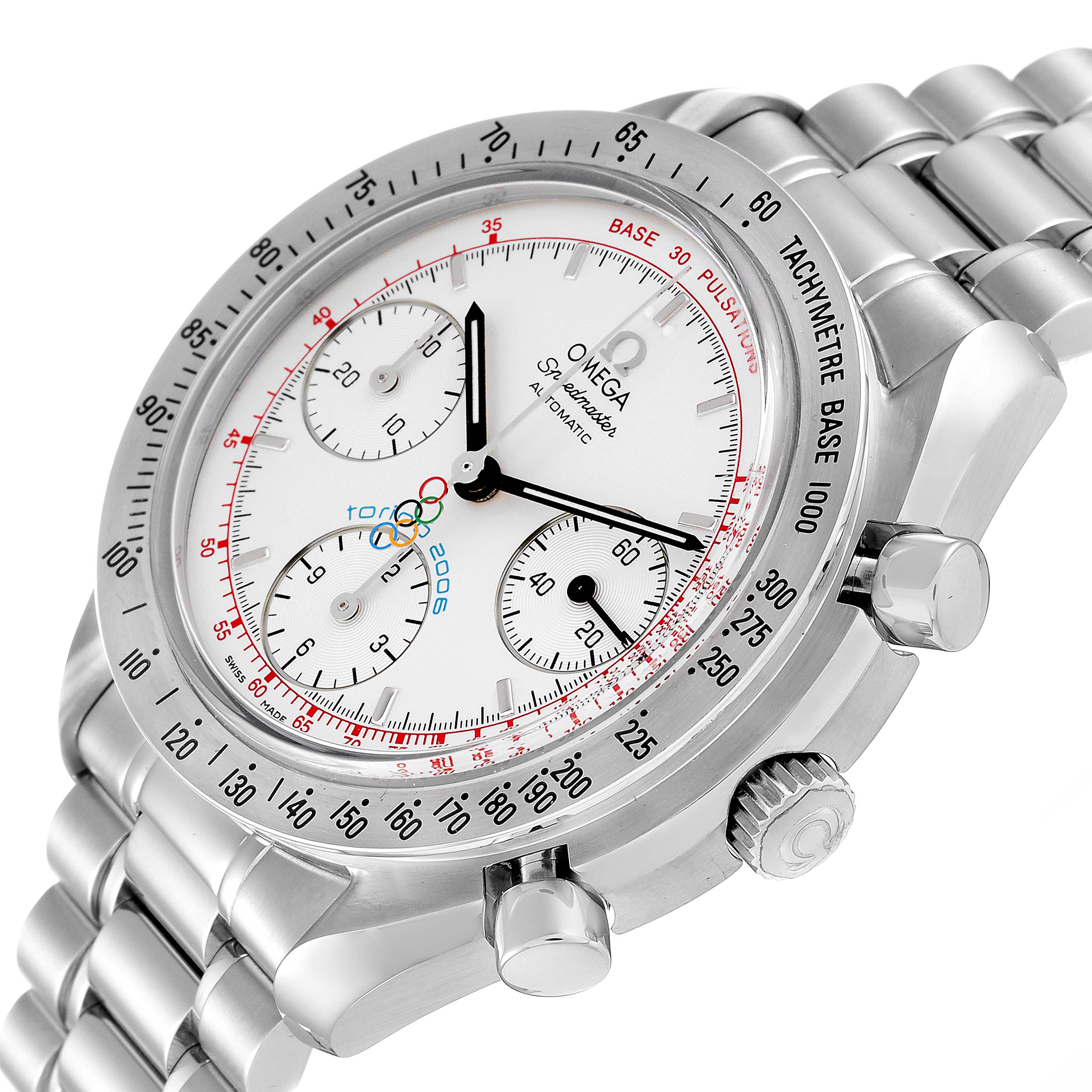 The image shows the front and side view of the Omega Speedmaster 3538.30.00 Men's Stainless Steel White Dial 3538.30.00 Men's Stainless Steel White Dial watch, highlighting the dial, bezel, and bracelet.