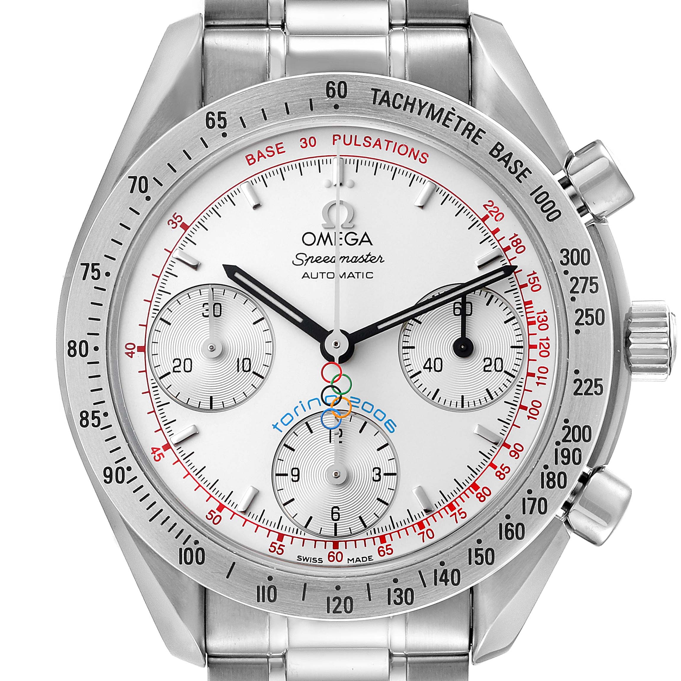 The image shows a front-facing view of an Omega Speedmaster 3538.30.00 Men's Stainless Steel White Dial 3538.30.00 Men's Stainless Steel White Dial watch, displaying its dial, sub-dials, tachymeter, and bracelet.