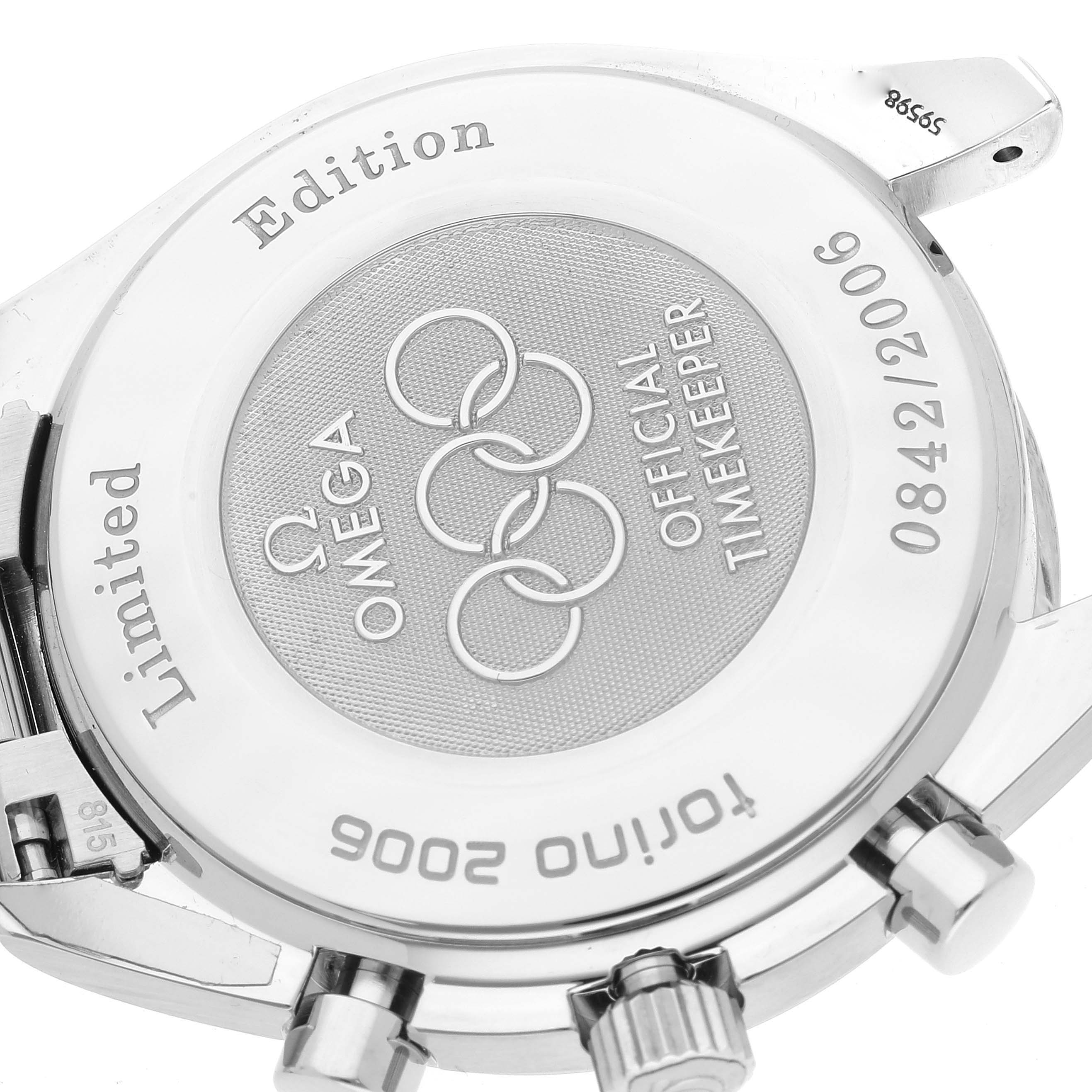 The image shows the back case of an Omega Speedmaster 3538.30.00 Men's Stainless Steel White Dial 3538.30.00 Men's Stainless Steel White Dial, highlighting its limited edition engraving and official timekeeper insignia.