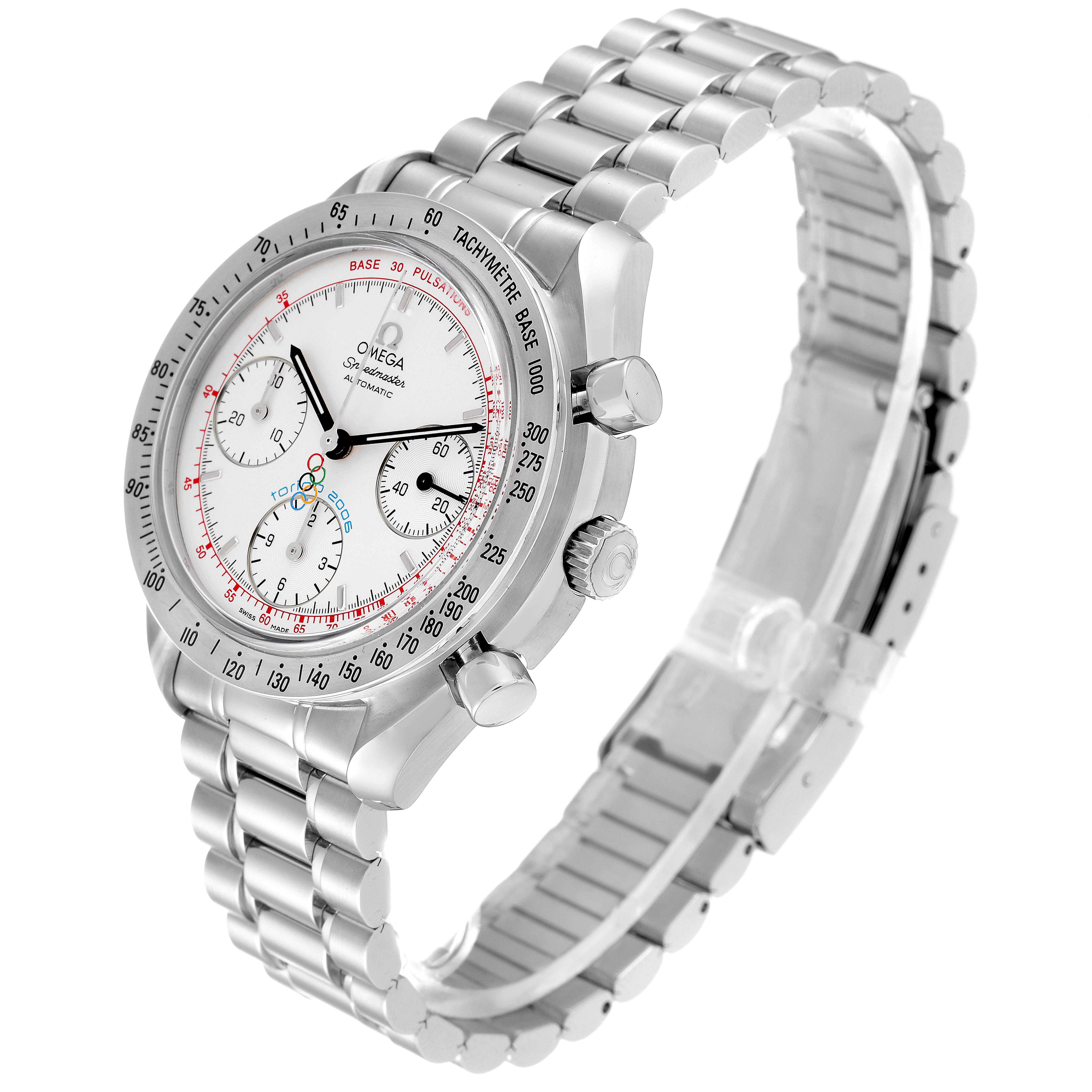 The Omega Speedmaster 3538.30.00 Men's Stainless Steel White Dial 3538.30.00 Men's Stainless Steel White Dial watch is shown at a 3/4 angle, highlighting its metal bracelet, tachymeter bezel, and chronograph dials.