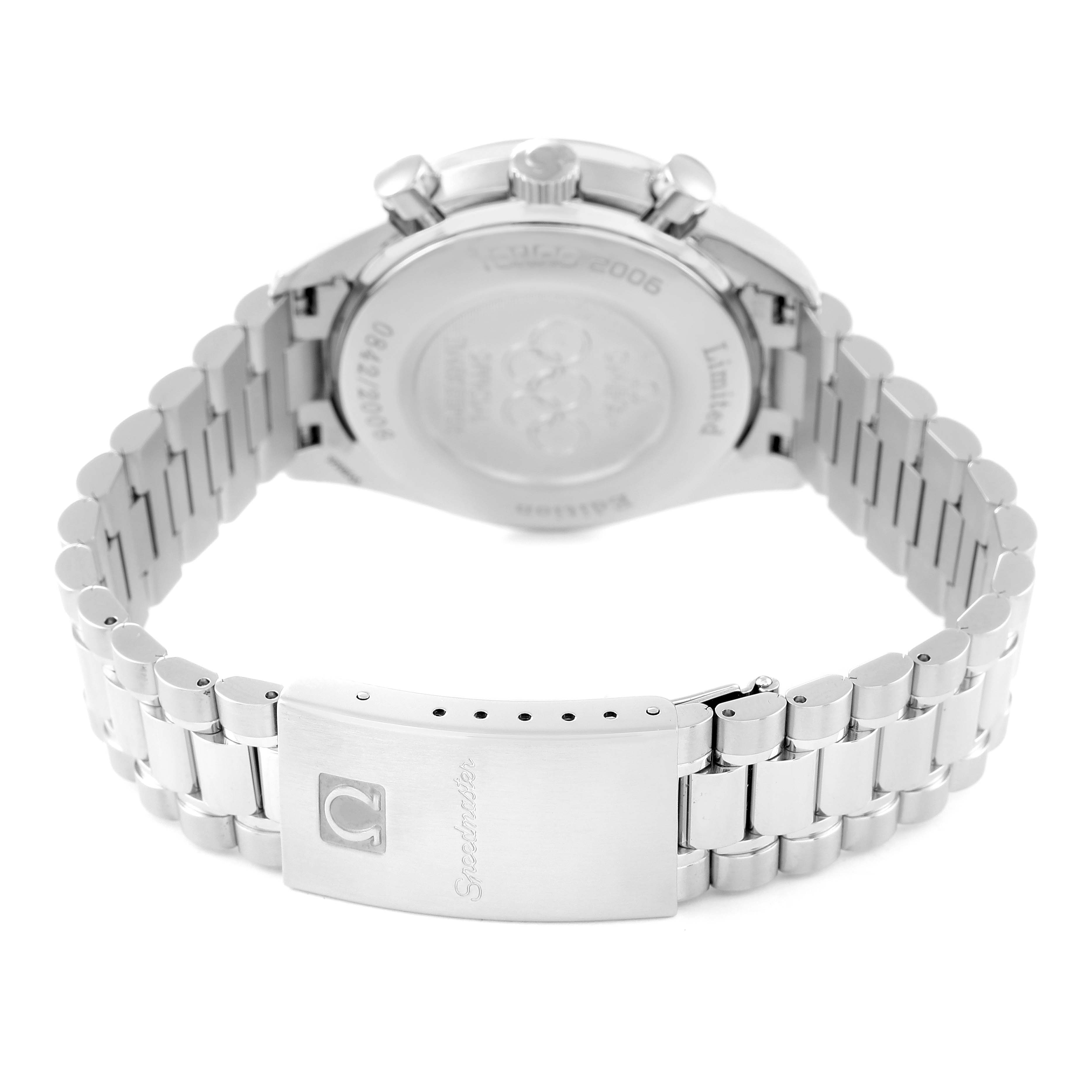 The image shows the back case and metal bracelet of an Omega Speedmaster 3538.30.00 Men's Stainless Steel White Dial 3538.30.00 Men's Stainless Steel White Dial watch, highlighting the clasp and case back.