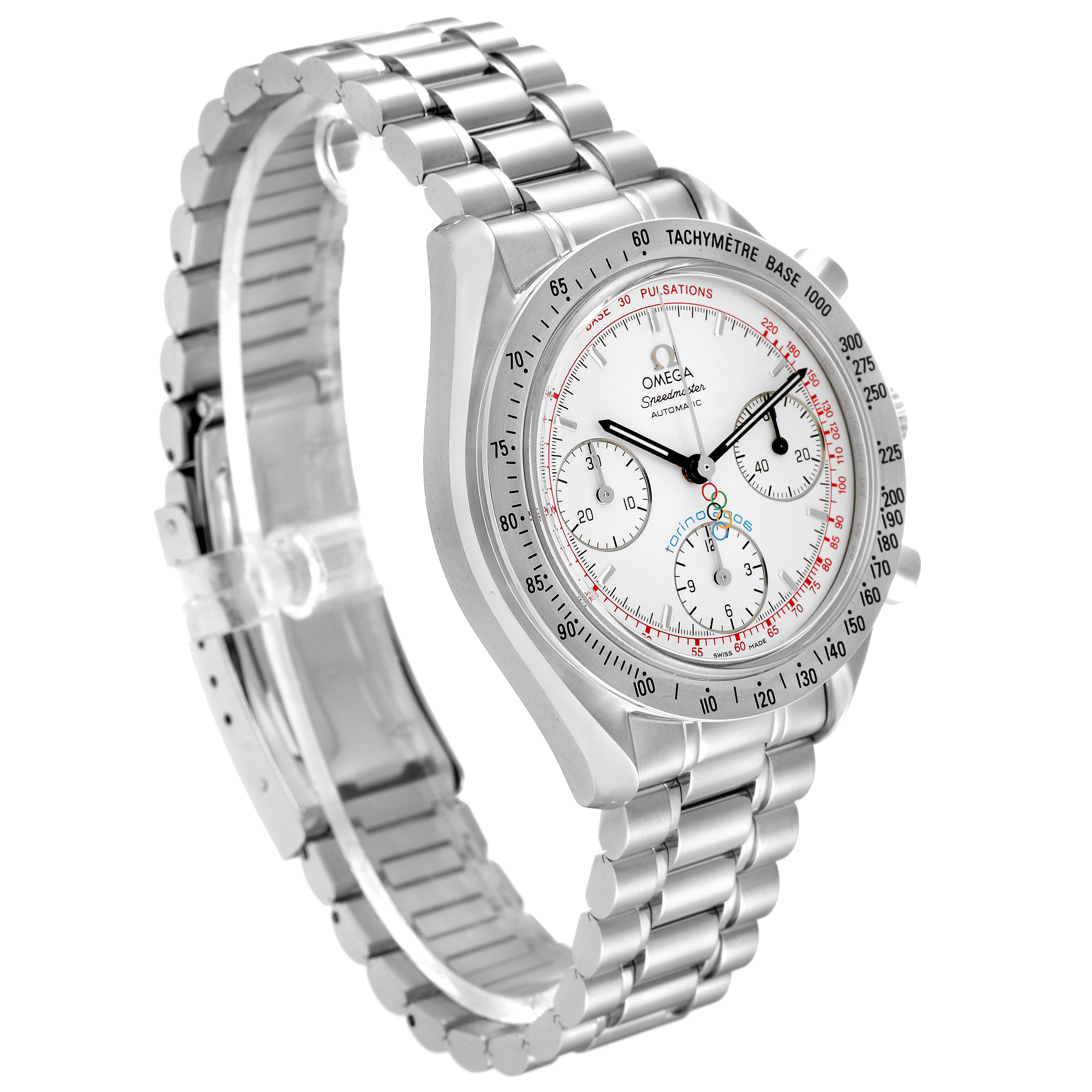 The Omega Speedmaster 3538.30.00 Men's Stainless Steel White Dial 3538.30.00 Men's Stainless Steel White Dial watch is shown at a left-side angle, highlighting its face, bezel, and metal bracelet.