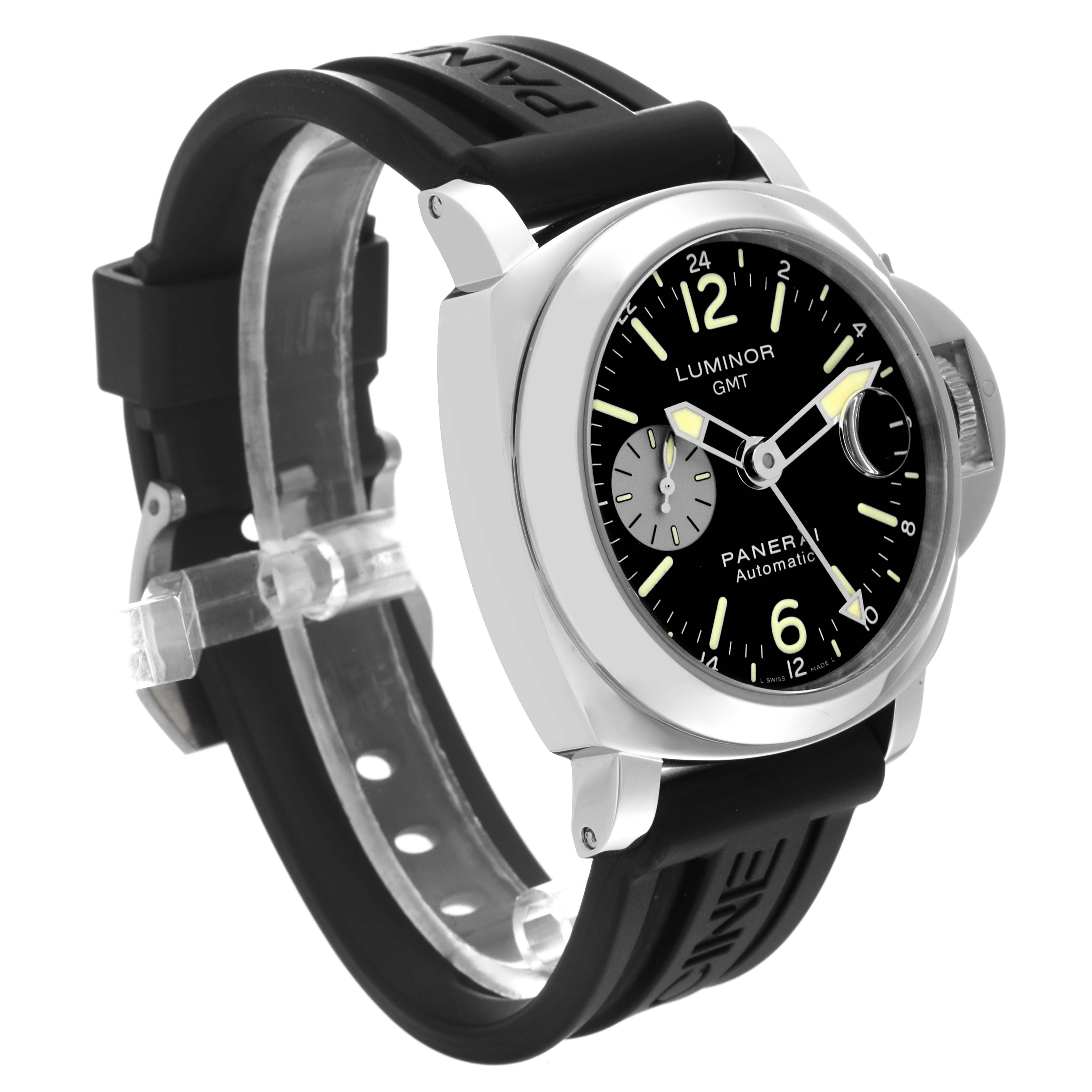 The image shows a Panerai Luminor PAM00088 Men
s Stainless Steel Black Dial PAM00088 Men
s Stainless Steel Black Dial GMT watch at a three-quarter angle, featuring the dial, case, and rubber strap.