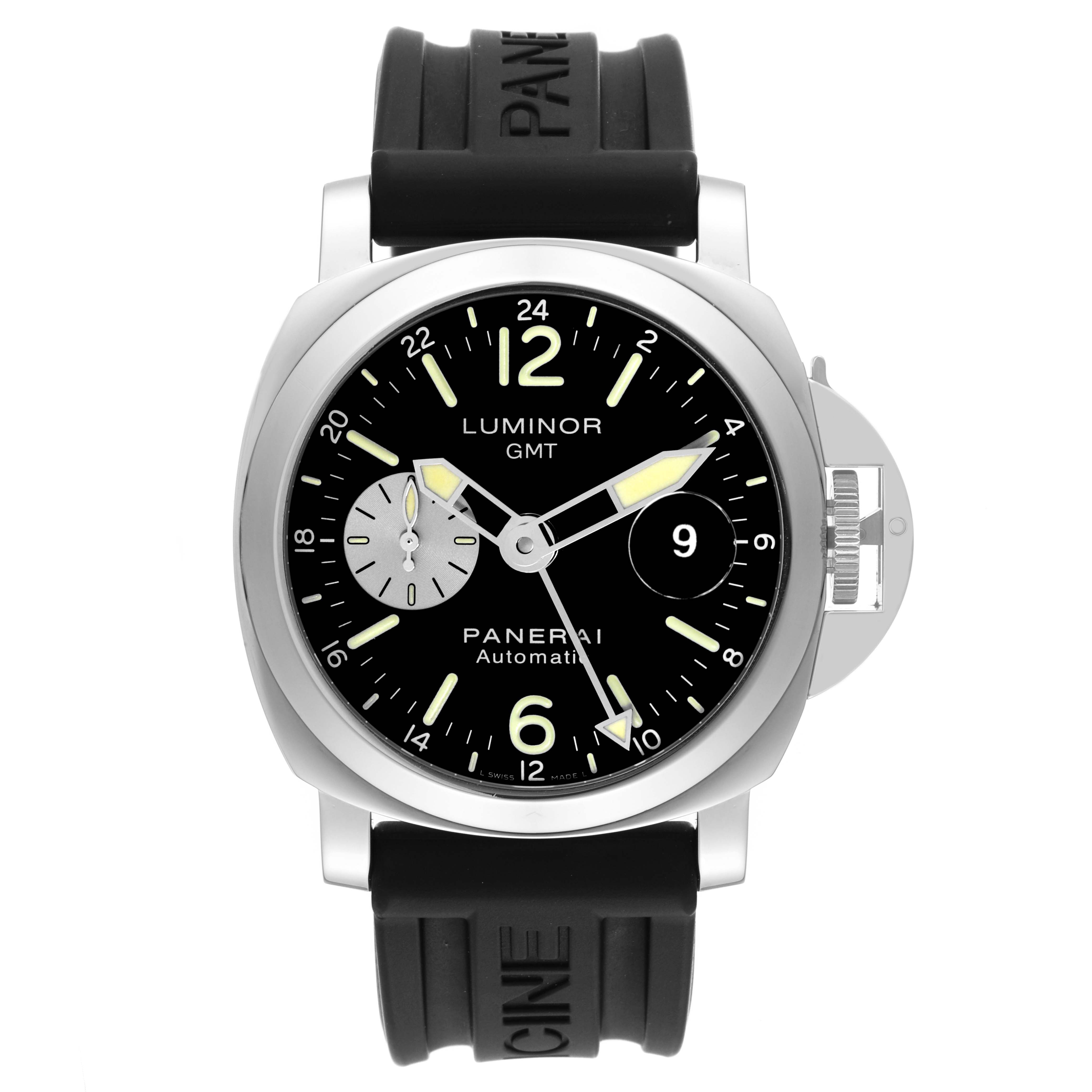 The image shows a front view of the Panerai Luminor PAM00088 Men
s Stainless Steel Black Dial PAM00088 Men
s Stainless Steel Black Dial GMT watch, including the dial, hands, crown guard, and rubber strap.