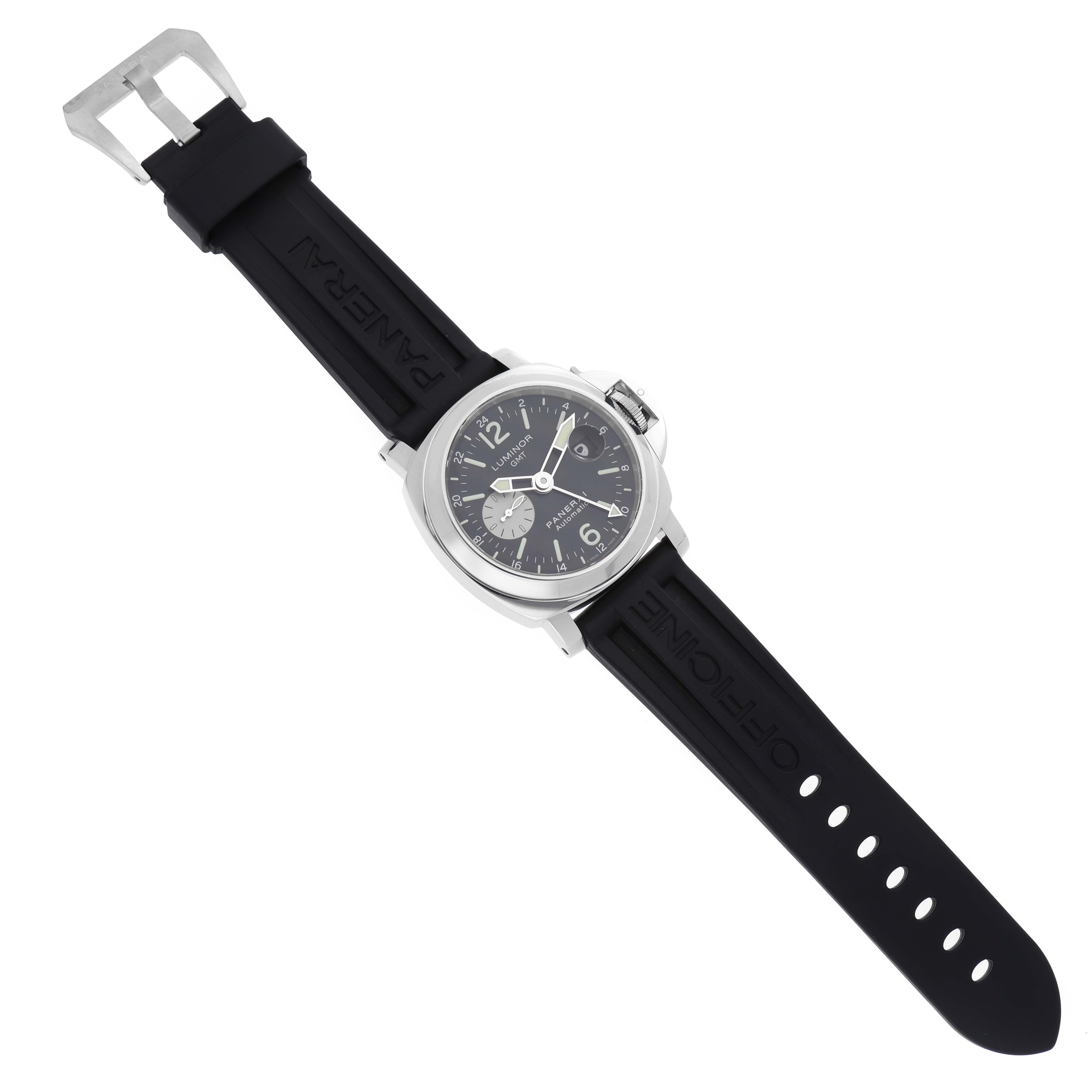 The image shows a Luminor model by Panerai, displaying the watch face, rubber strap, and buckle from a top-down angle.