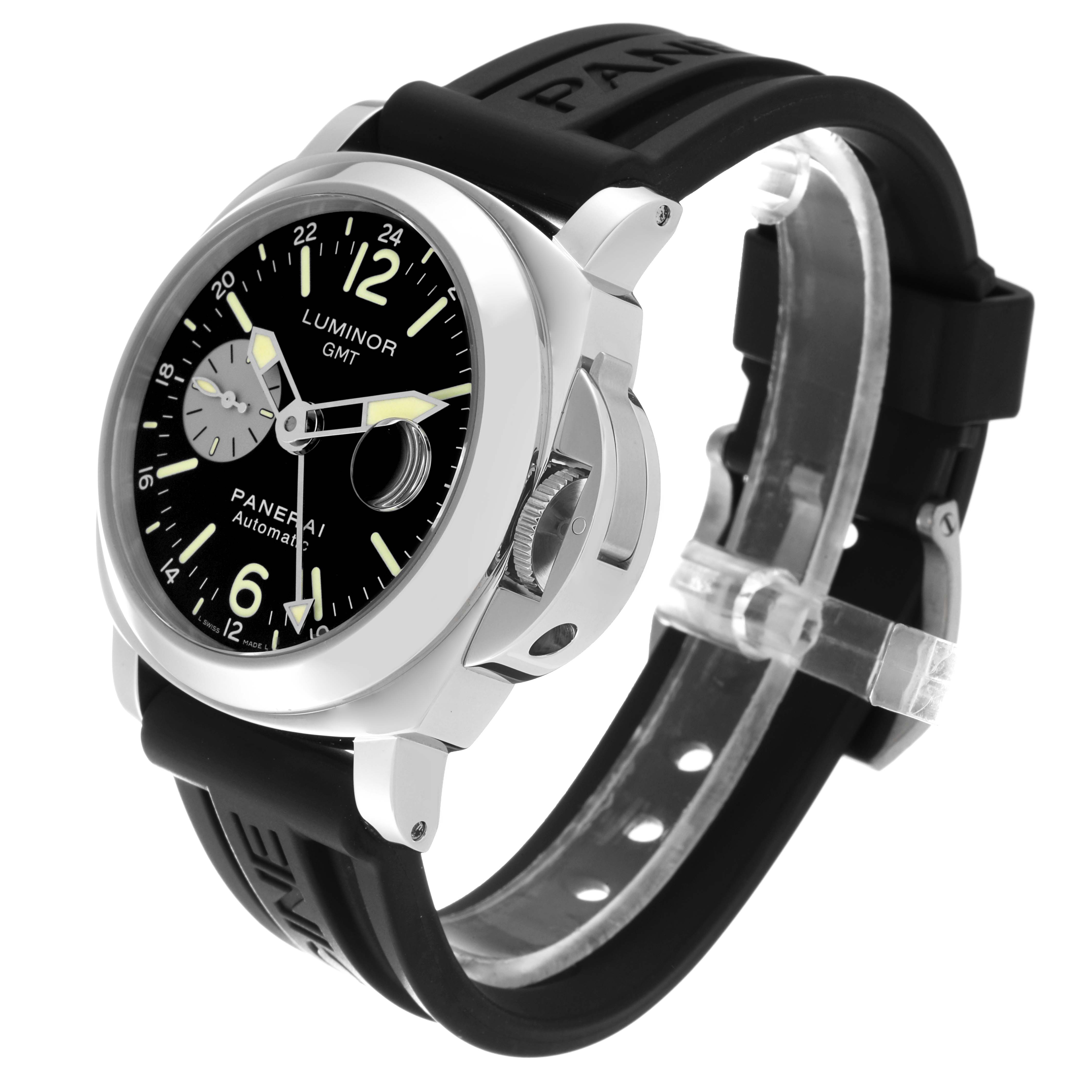 This image shows a side and front angle of a Panerai Luminor PAM00088 Men
s Stainless Steel Black Dial PAM00088 Men
s Stainless Steel Black Dial GMT watch, highlighting its face, strap, and crown guard.