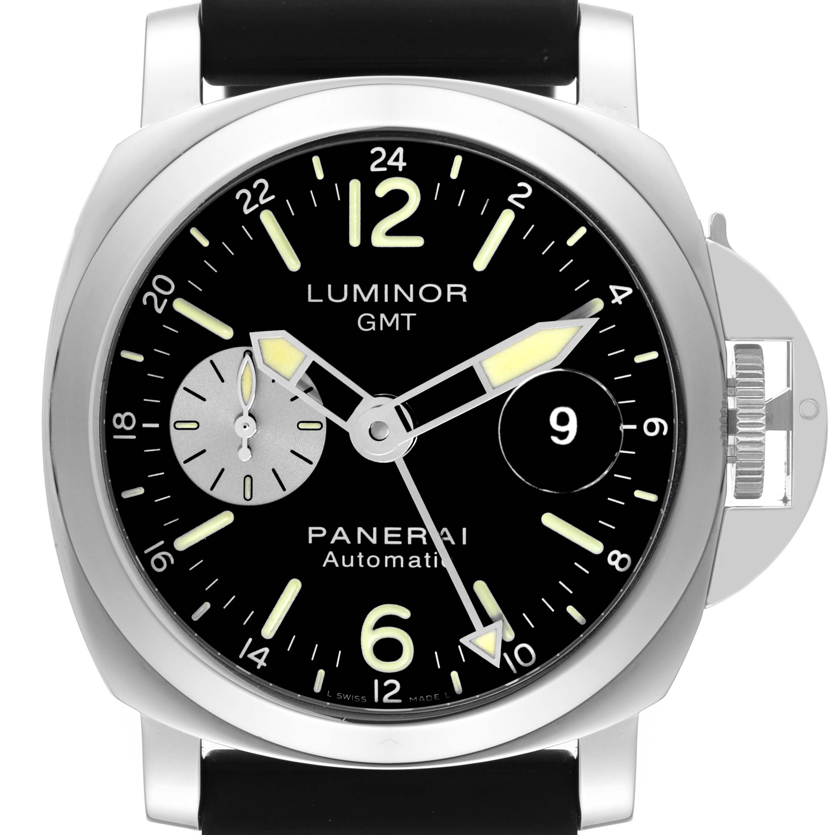 This image shows a front angle of a Panerai Luminor PAM00088 Men
s Stainless Steel Black Dial PAM00088 Men
s Stainless Steel Black Dial watch, highlighting its dial, bezel, crown guard, and strap.
