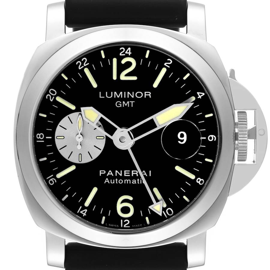 This image shows a front angle of a Panerai Luminor watch, highlighting its dial, bezel, crown guard, and strap.