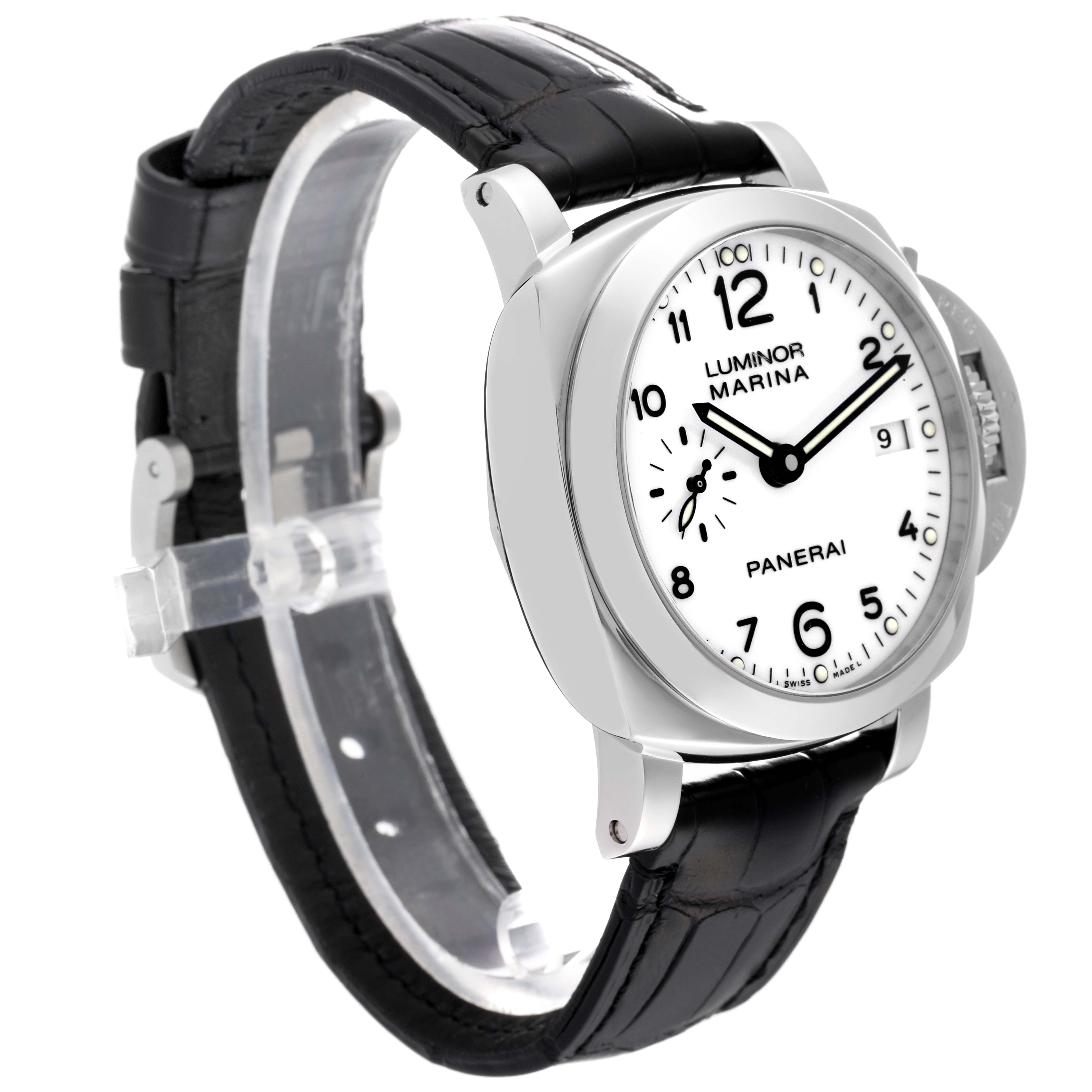 The image shows a Panerai Luminor PAM00523 Men's Stainless Steel White Dial PAM00523 Men's Stainless Steel White Dial watch angled to display its white dial, black leather strap, and crown guard.