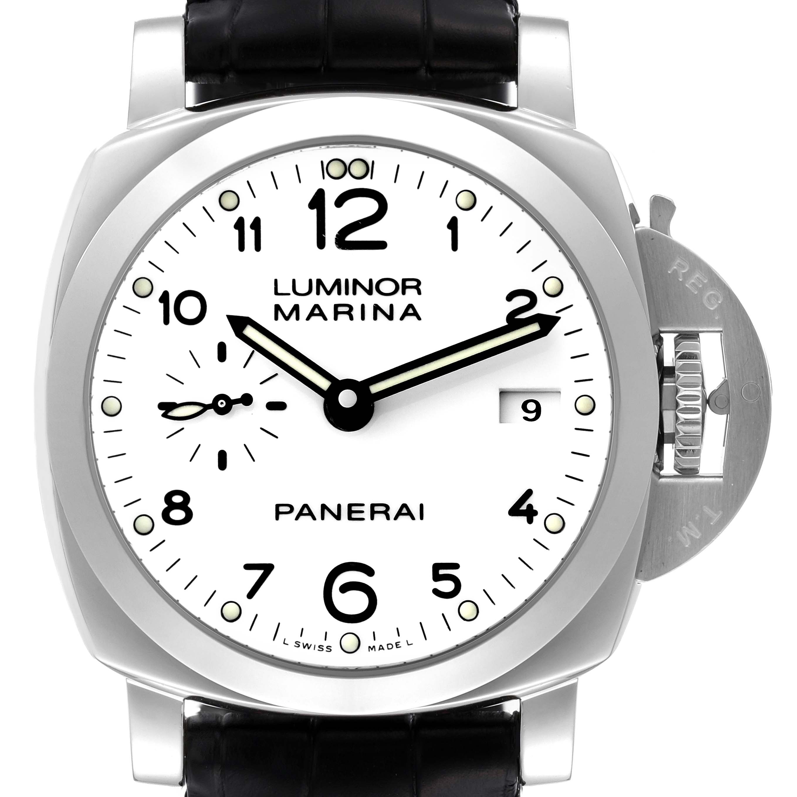 The image shows a frontal view of a Panerai Luminor PAM00523 Men's Stainless Steel White Dial PAM00523 Men's Stainless Steel White Dial Marina watch, highlighting the dial, crown guard, and strap attachment.