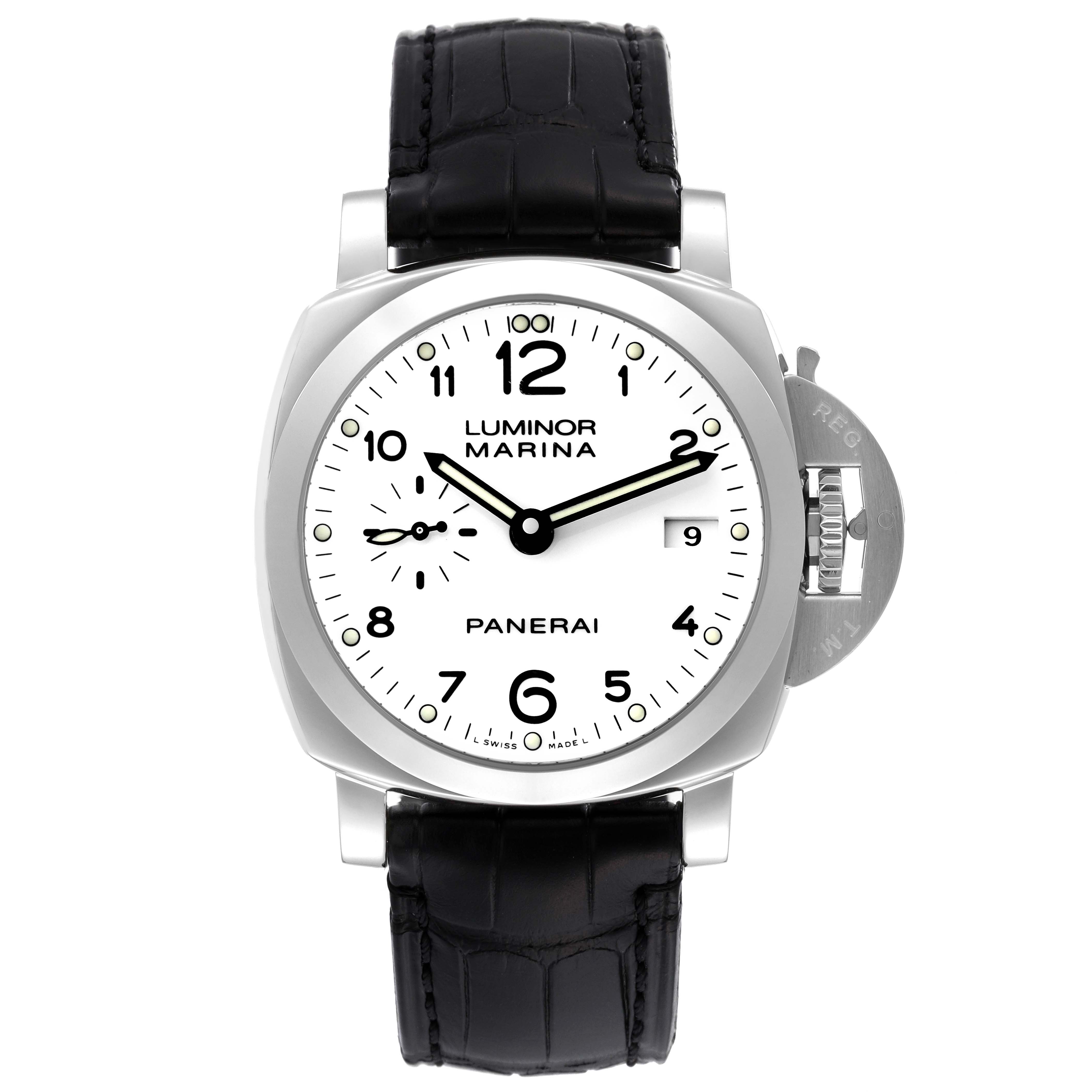 The image shows a front-facing view of a Panerai Luminor PAM00523 Men's Stainless Steel White Dial PAM00523 Men's Stainless Steel White Dial watch with a white dial, black leather strap, and visible crown guard.