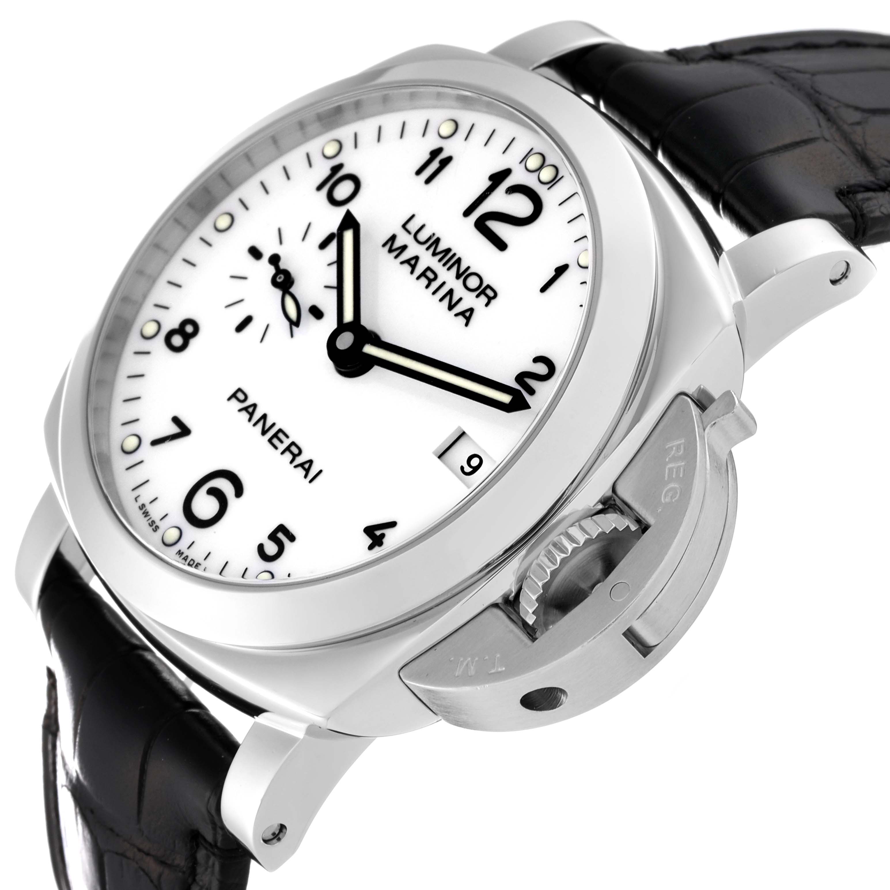 The image shows a Panerai Luminor PAM00523 Men's Stainless Steel White Dial PAM00523 Men's Stainless Steel White Dial Marina watch at a slightly angled view highlighting its white dial, crown guard, and black leather strap.