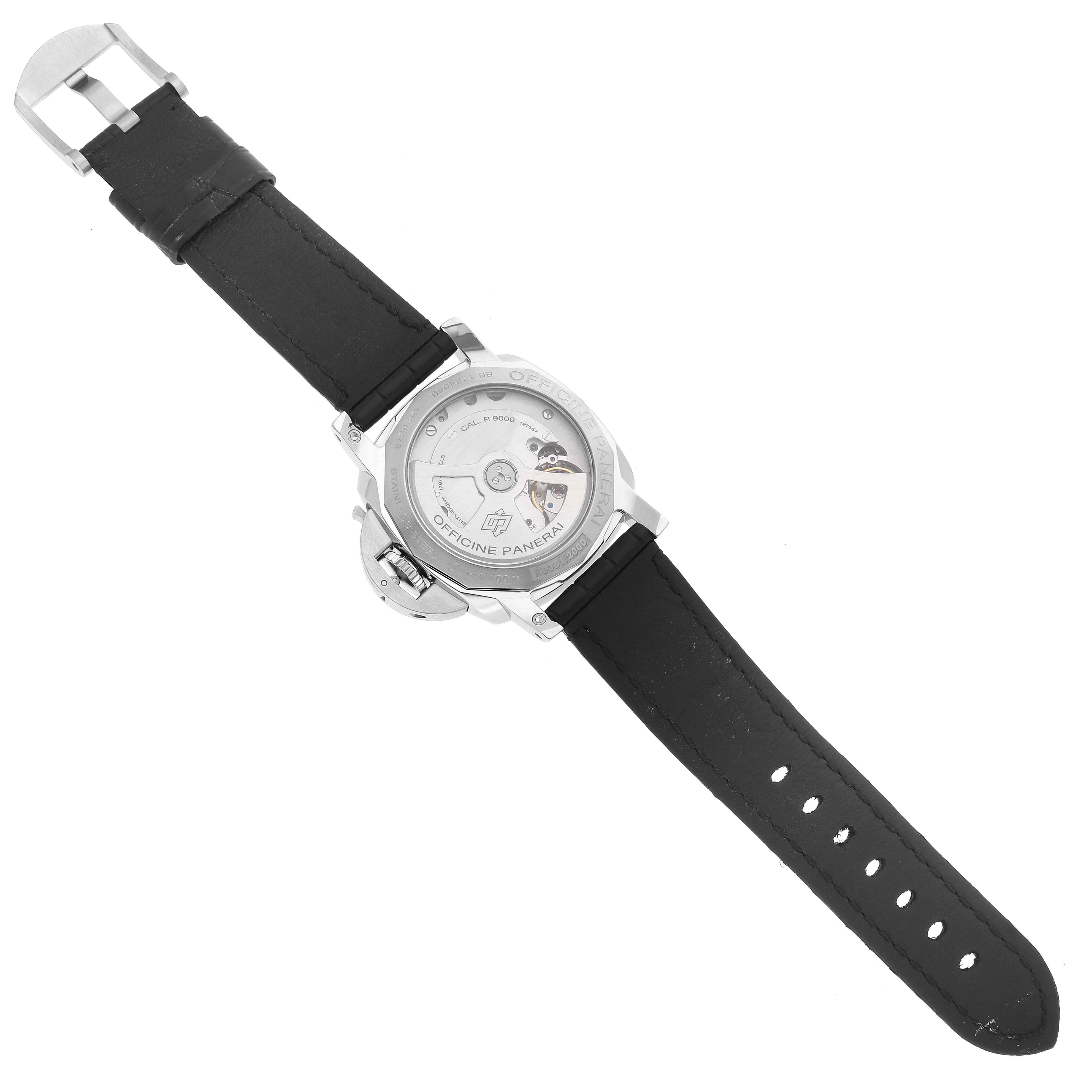 This image shows the back view of the Panerai Luminor PAM00523 Men's Stainless Steel White Dial PAM00523 Men's Stainless Steel White Dial watch, highlighting its movement and black leather strap.