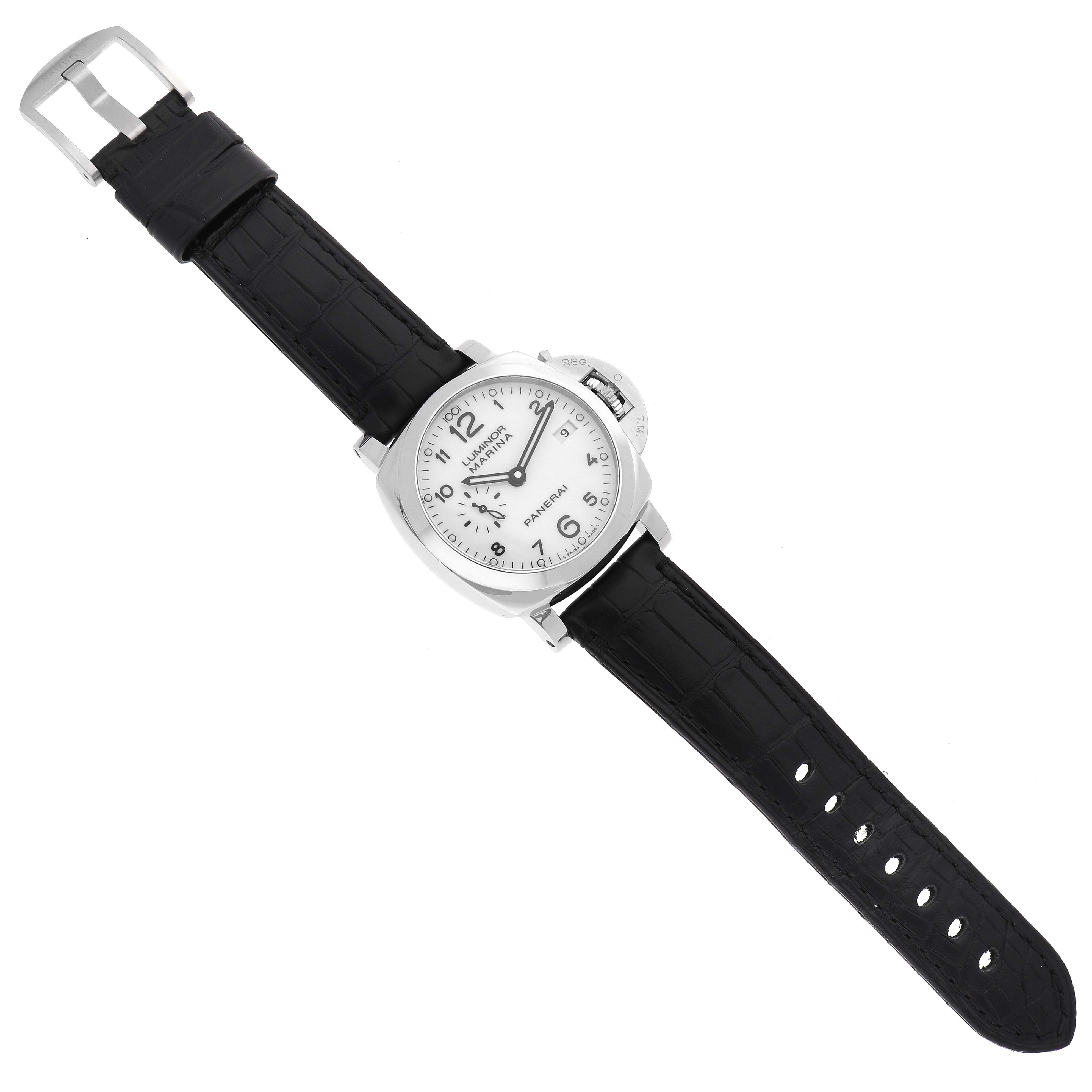 The image shows a Panerai Luminor PAM00523 Men's Stainless Steel White Dial PAM00523 Men's Stainless Steel White Dial watch from a top-down angle, displaying its dial, case, and full leather strap.