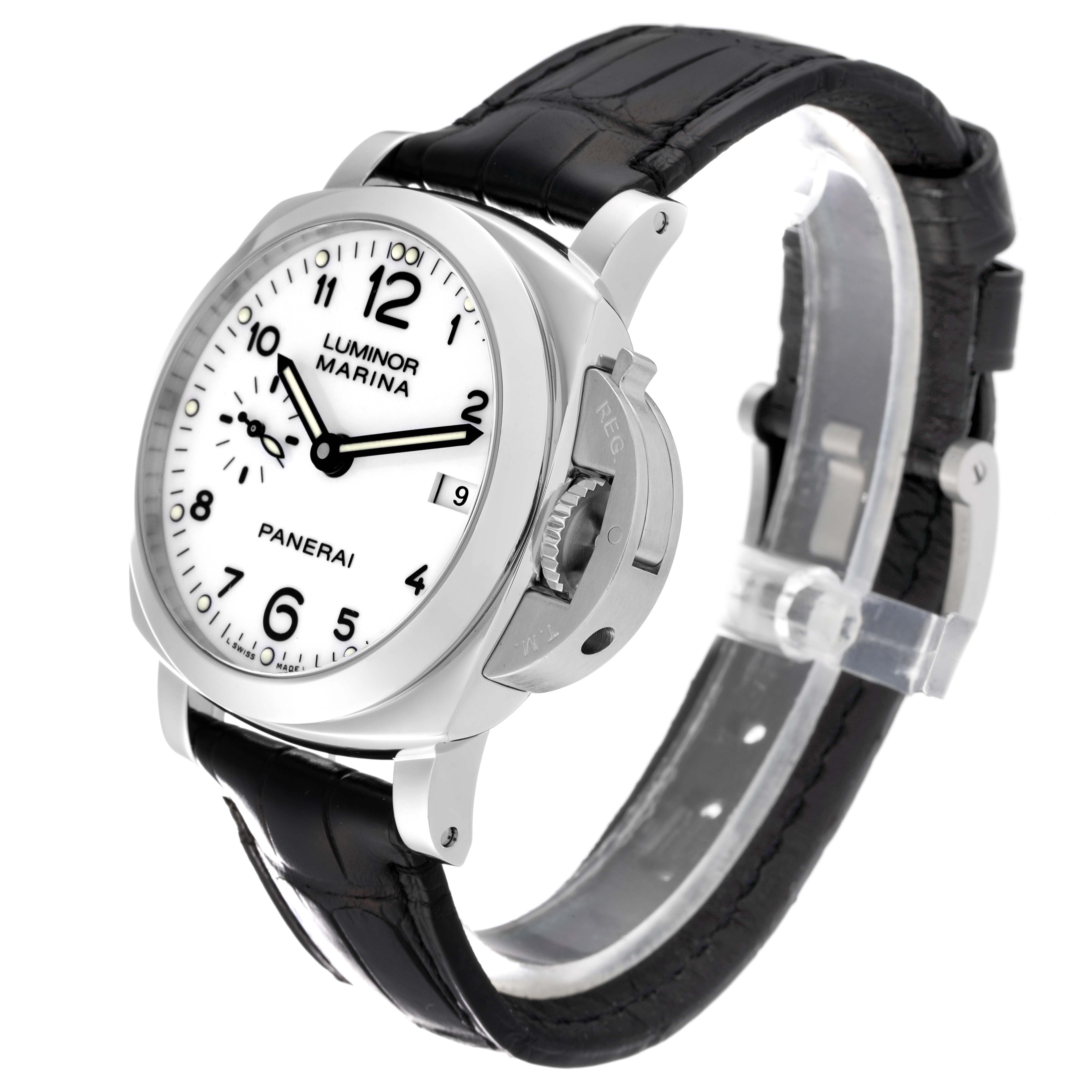 This Panerai Luminor PAM00523 Men's Stainless Steel White Dial PAM00523 Men's Stainless Steel White Dial watch is shown at a three-quarter angle highlighting its dial, crown guard, and black leather strap.