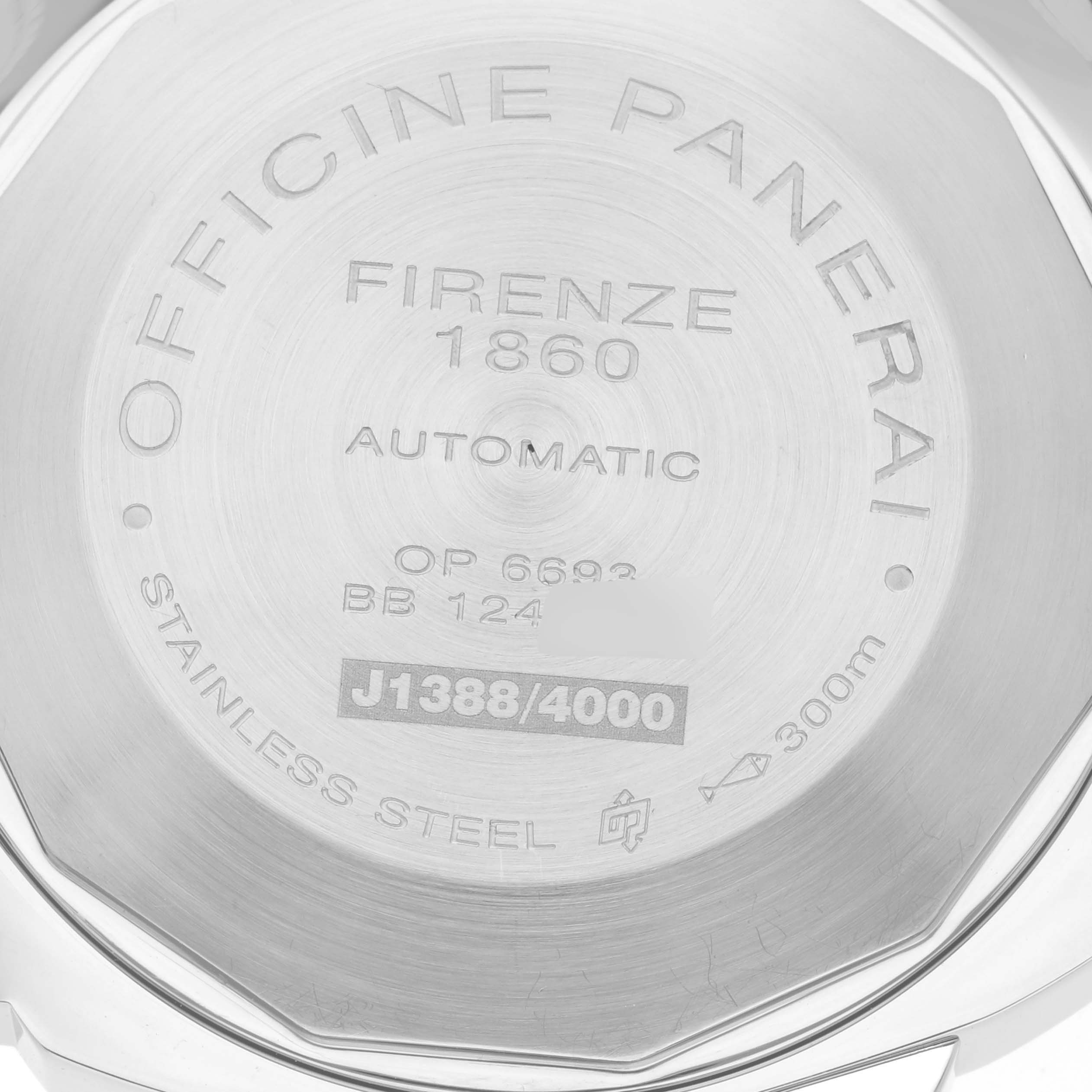 This is a close-up of the case back of a Panerai Luminor PAM00104 Men
s Stainless Steel Black Dial PAM00104 Men
s Stainless Steel Black Dial watch, showing the engravings and serial numbers.