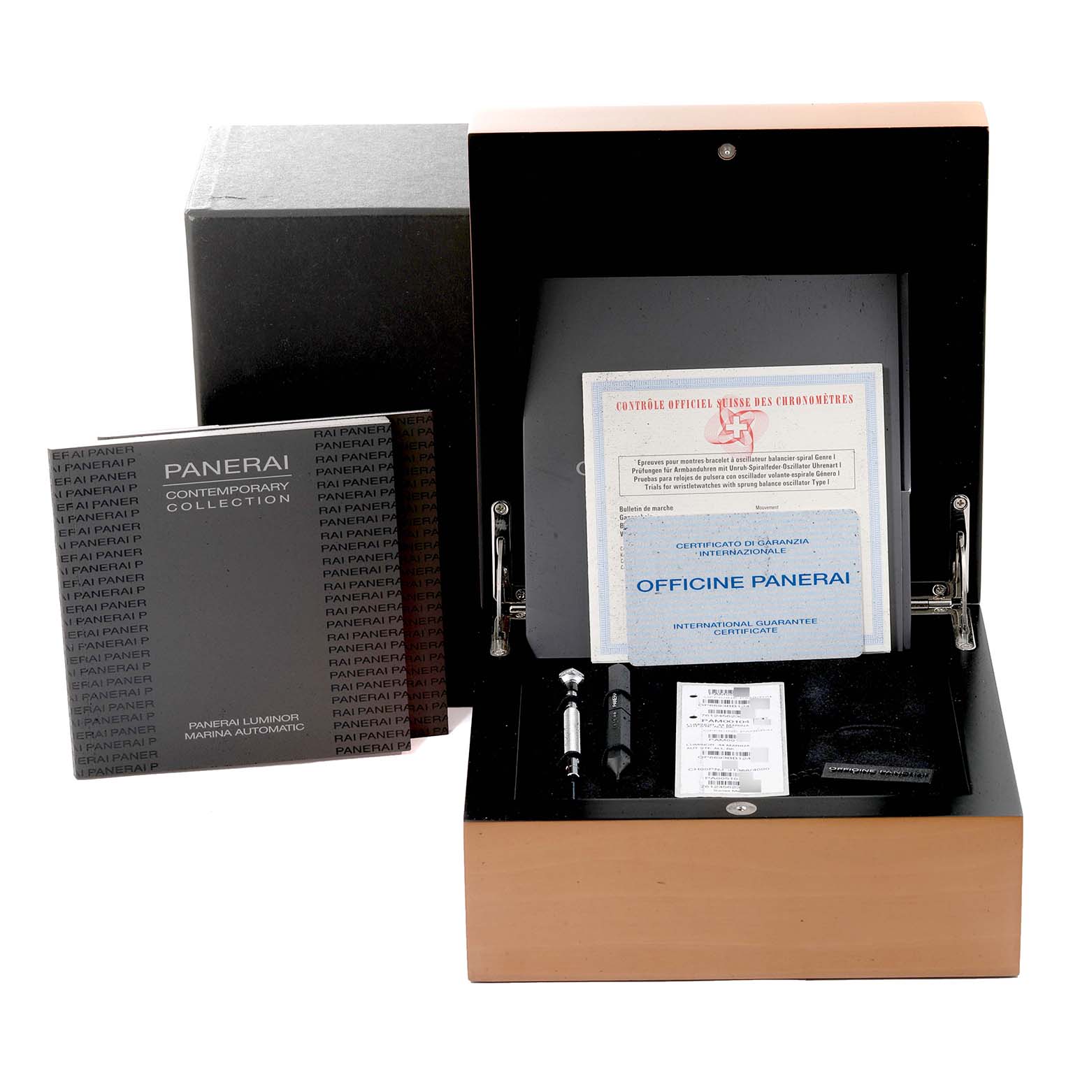 This image shows the Panerai Luminor PAM00104 Men
s Stainless Steel Black Dial PAM00104 Men
s Stainless Steel Black Dial model watch packaging, including the box, documentation, and accessories.