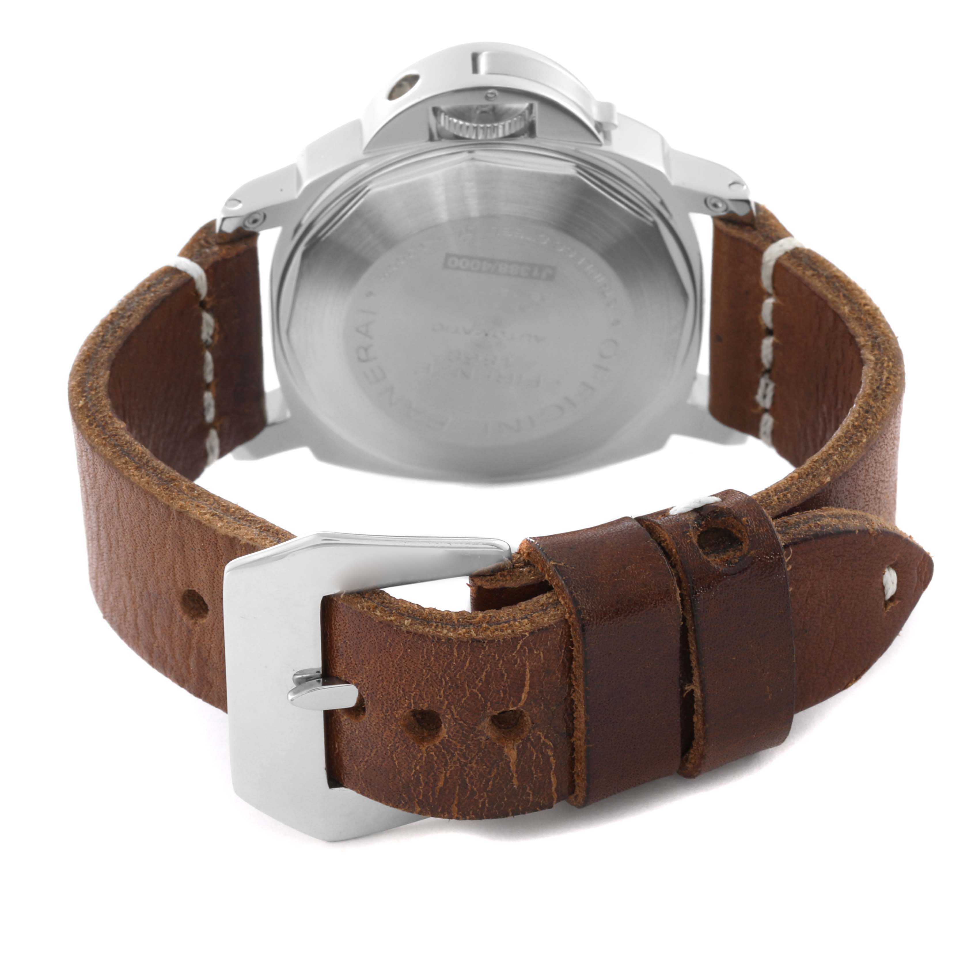 This image shows the back view of a Panerai Luminor PAM00104 Men
s Stainless Steel Black Dial PAM00104 Men
s Stainless Steel Black Dial watch, highlighting its case back, crown guard, and brown leather strap with a buckle.