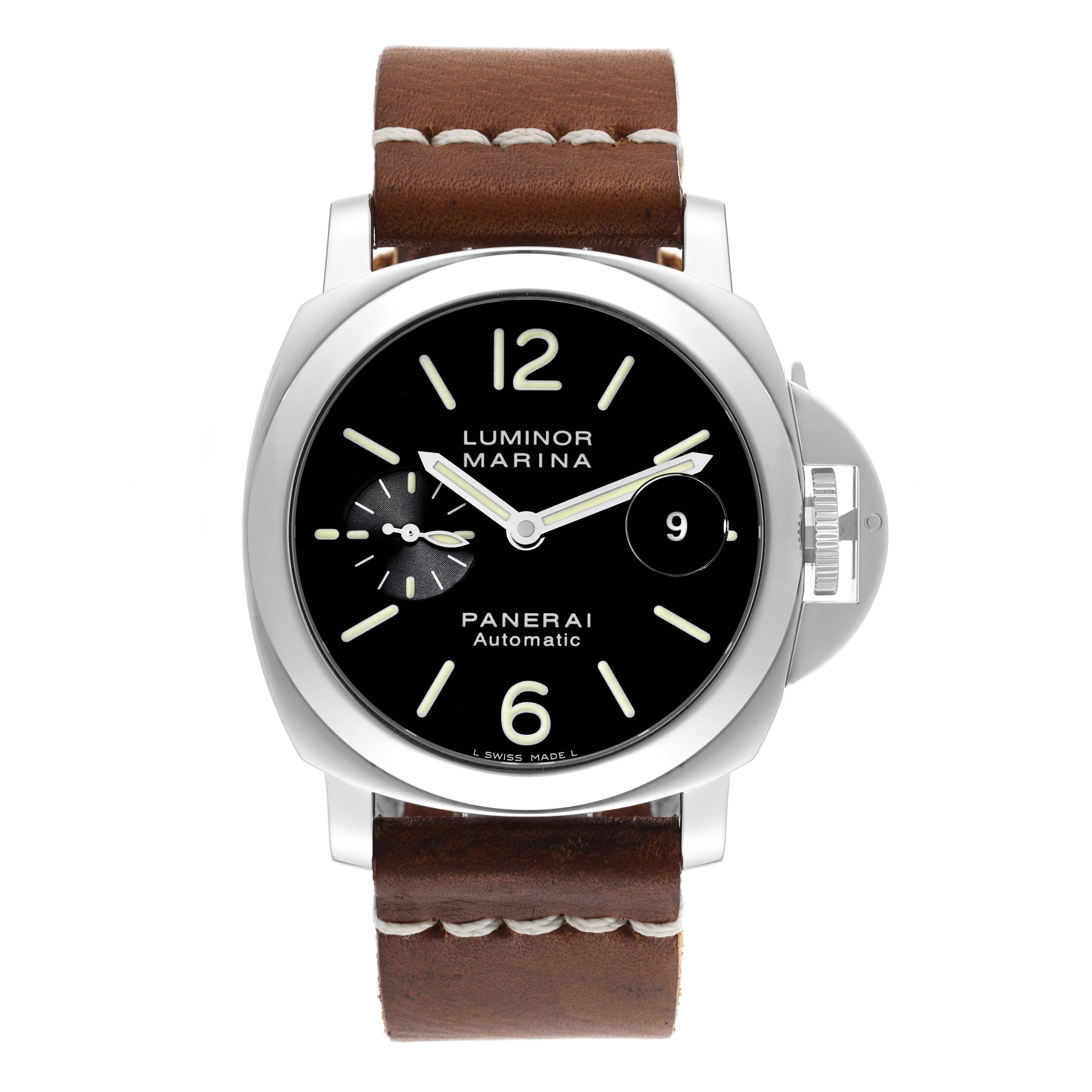 The image shows a front view of a Panerai Luminor PAM00104 Men
s Stainless Steel Black Dial PAM00104 Men
s Stainless Steel Black Dial watch with its dial, bezel, crown guard, and leather strap visible.