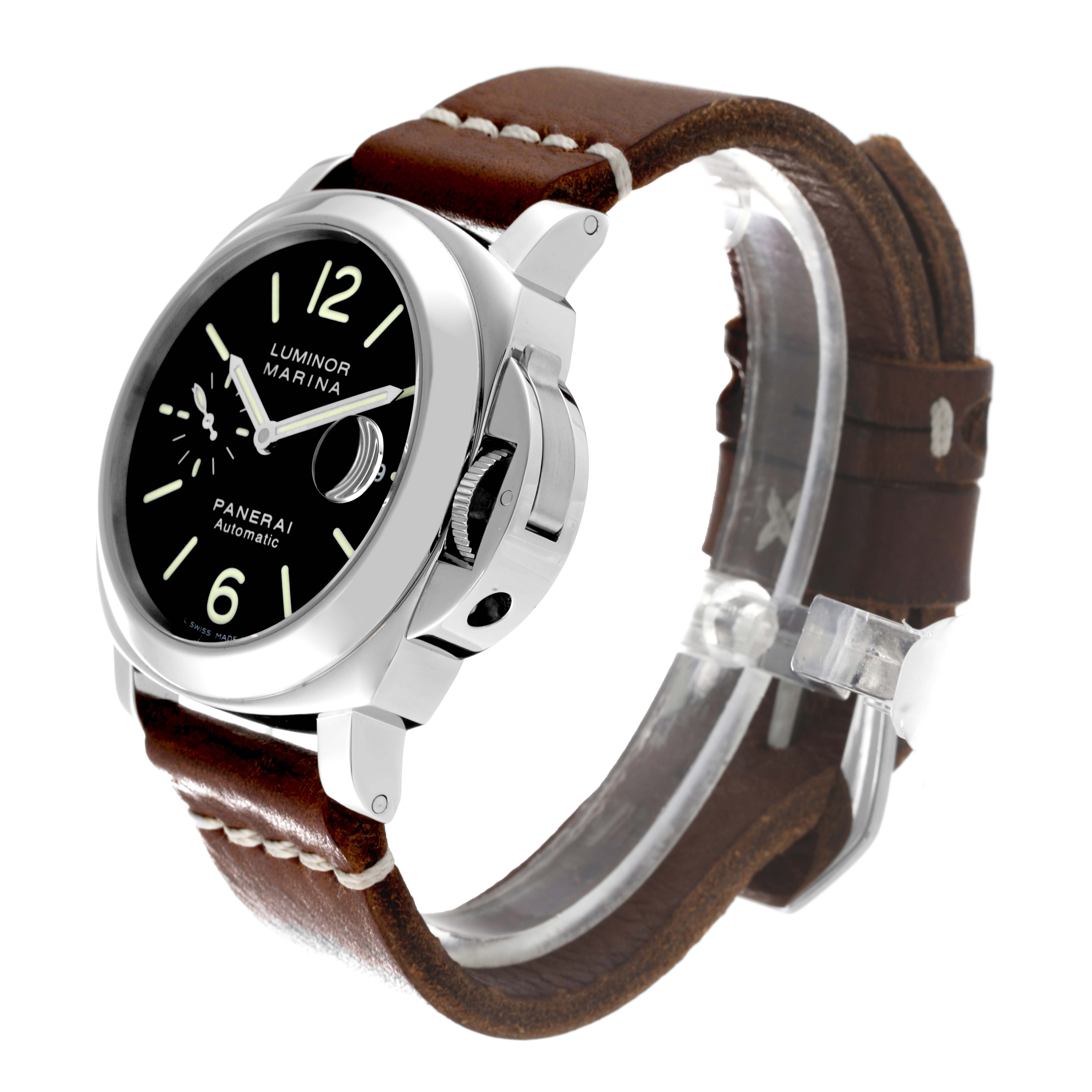 The image shows a side angle of a Panerai Luminor PAM00104 Men
s Stainless Steel Black Dial PAM00104 Men
s Stainless Steel Black Dial Marina watch, highlighting the black dial and brown leather strap.