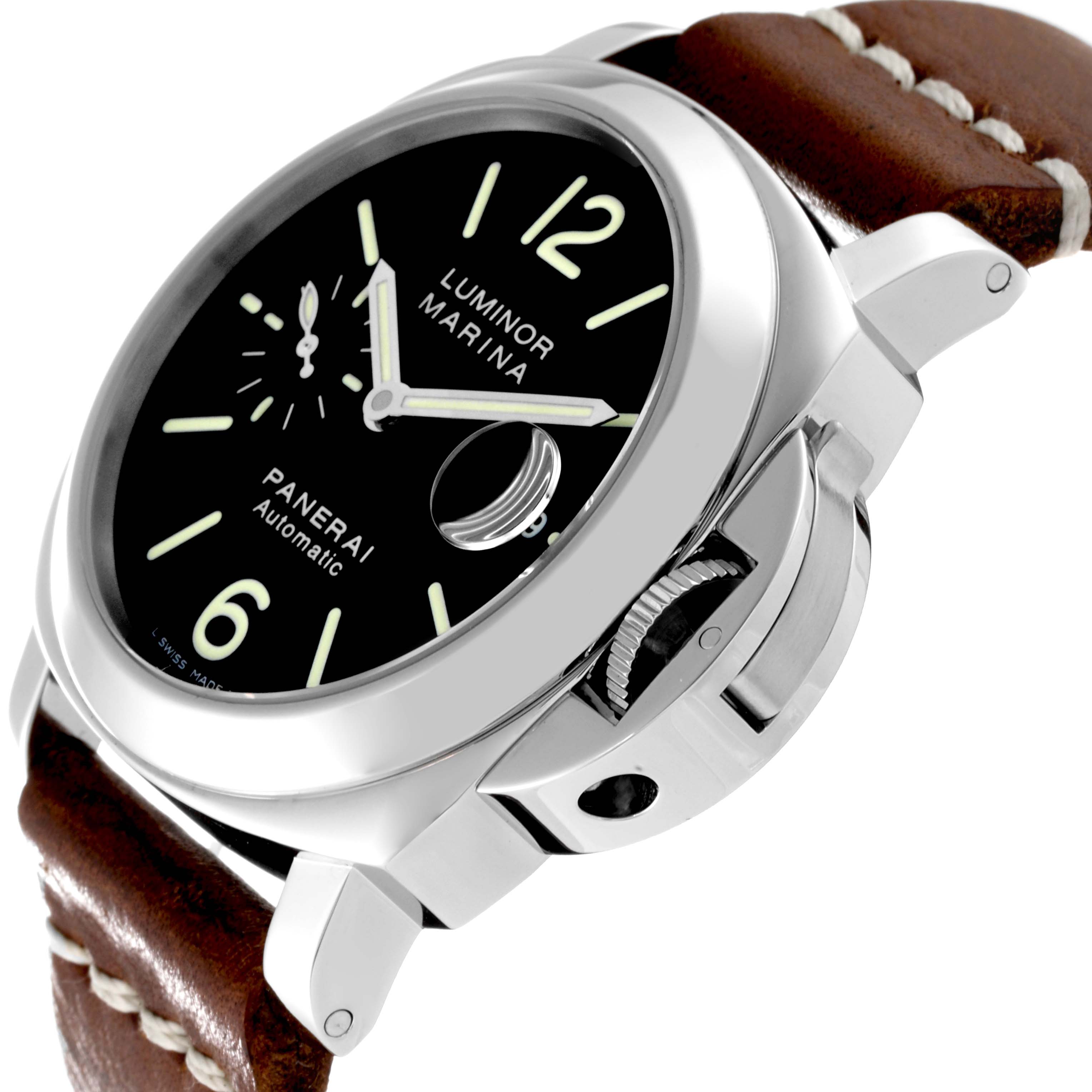 The image shows a close-up angle of the Panerai Luminor PAM00104 Men
s Stainless Steel Black Dial PAM00104 Men
s Stainless Steel Black Dial watch, highlighting the dial, crown guard, and leather strap.