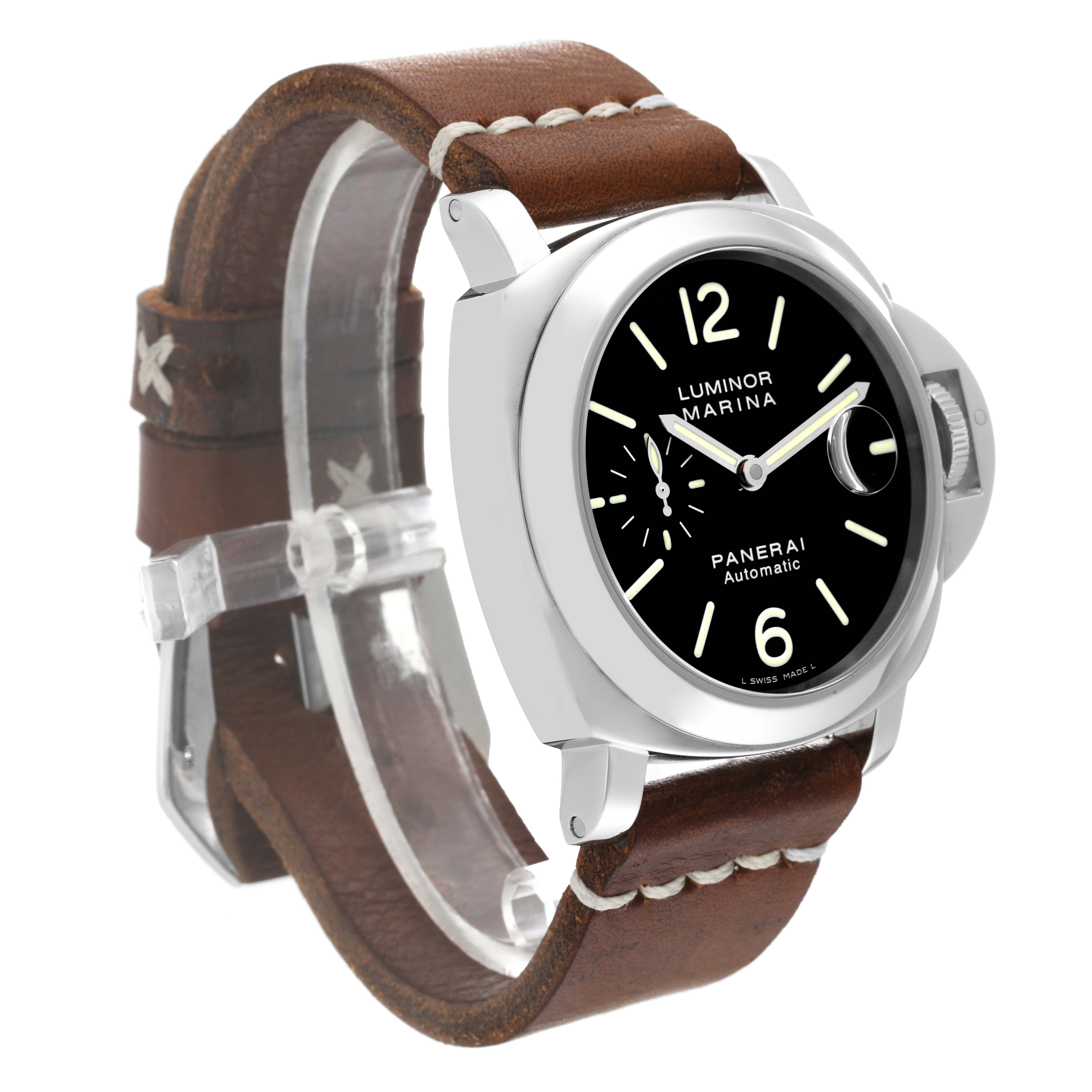 The image shows a Panerai Luminor PAM00104 Men
s Stainless Steel Black Dial PAM00104 Men
s Stainless Steel Black Dial Marina watch at an angle, highlighting its brown leather strap and black dial.