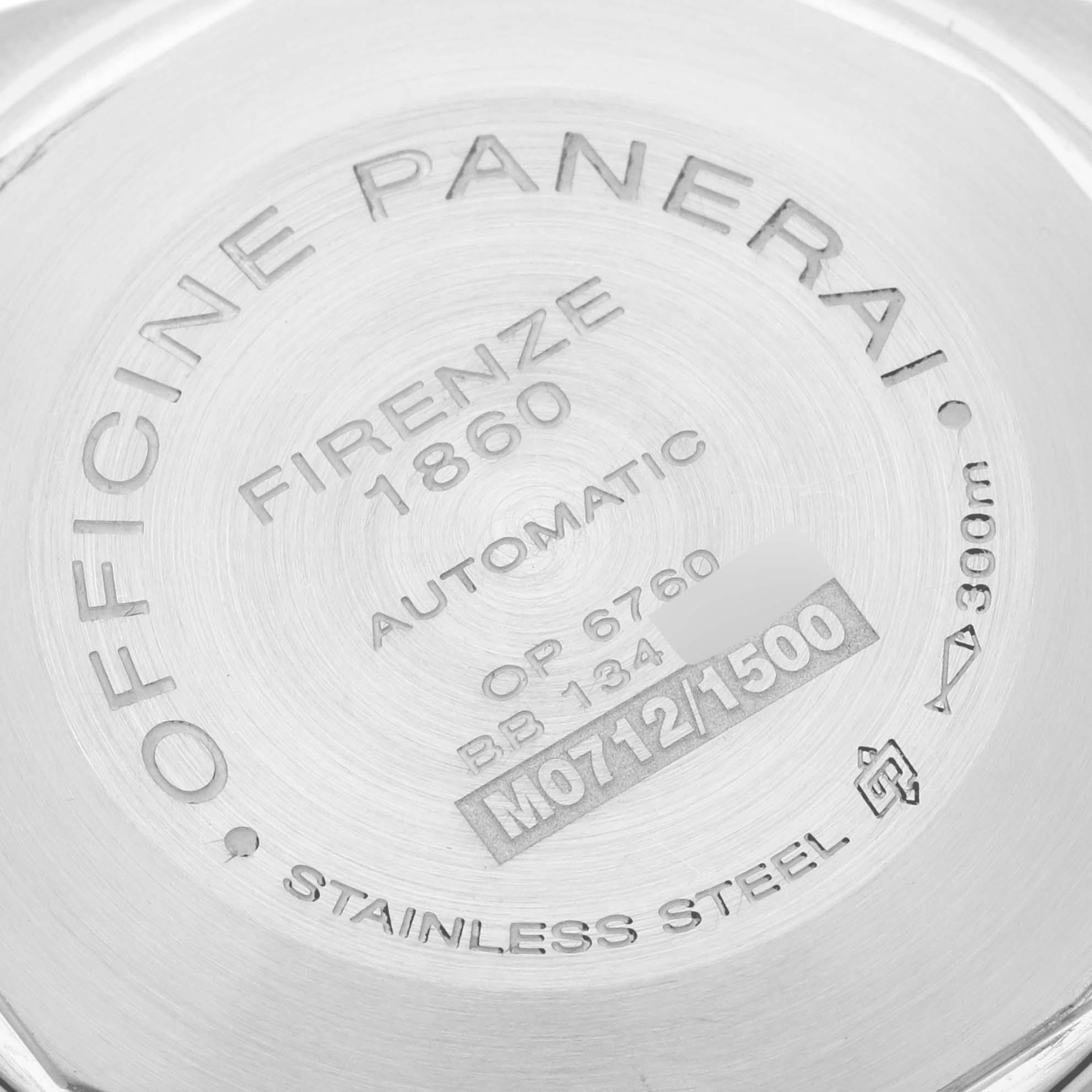 This is the back case of a Panerai Luminor PAM00048 Men
s Stainless Steel Black Dial PAM00048 Men
s Stainless Steel Black Dial watch, showing specifications like model number, material, and water resistance.