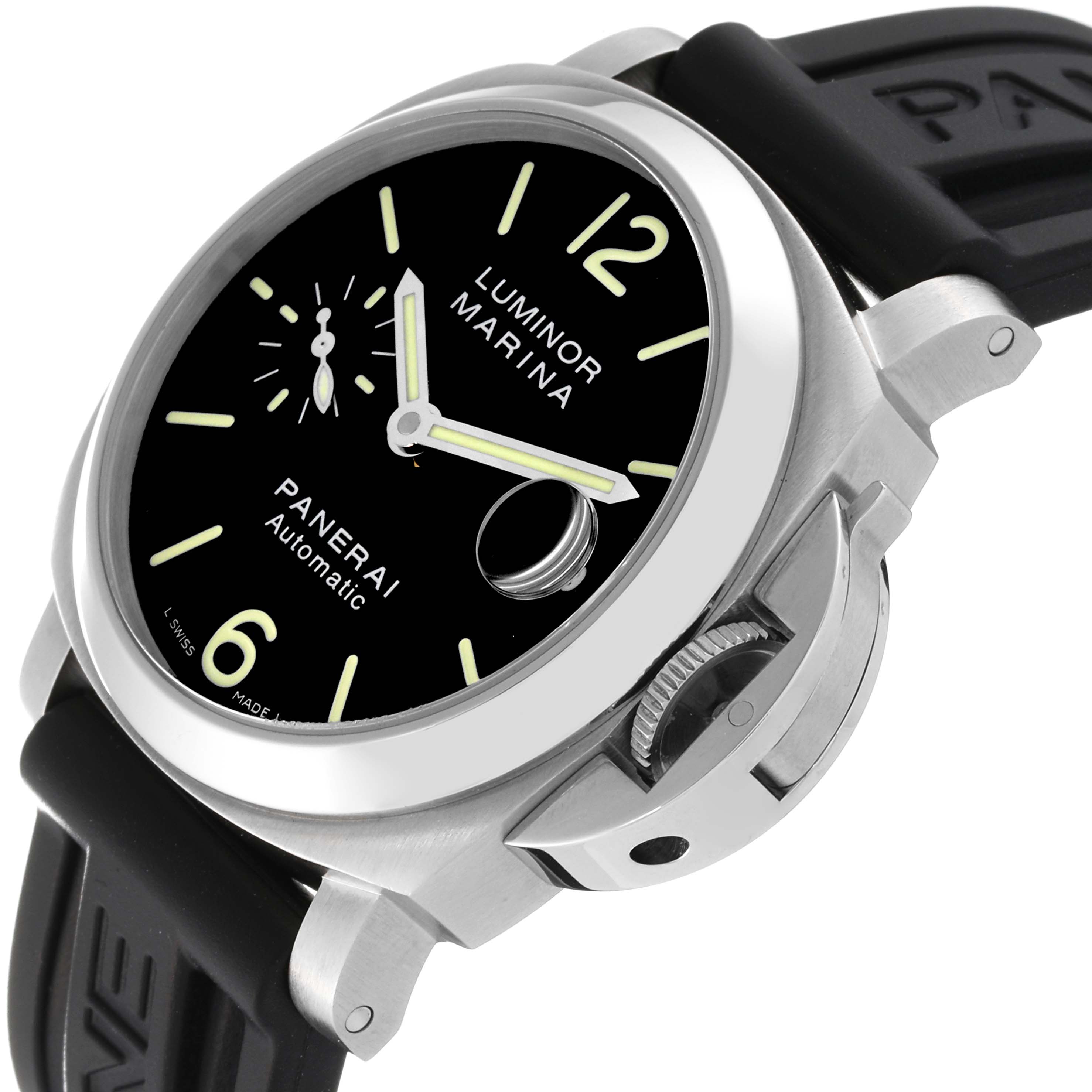 This image shows a close-up side angle of the Panerai Luminor PAM00048 Men
s Stainless Steel Black Dial PAM00048 Men
s Stainless Steel Black Dial watch, highlighting the dial, crown, and strap.