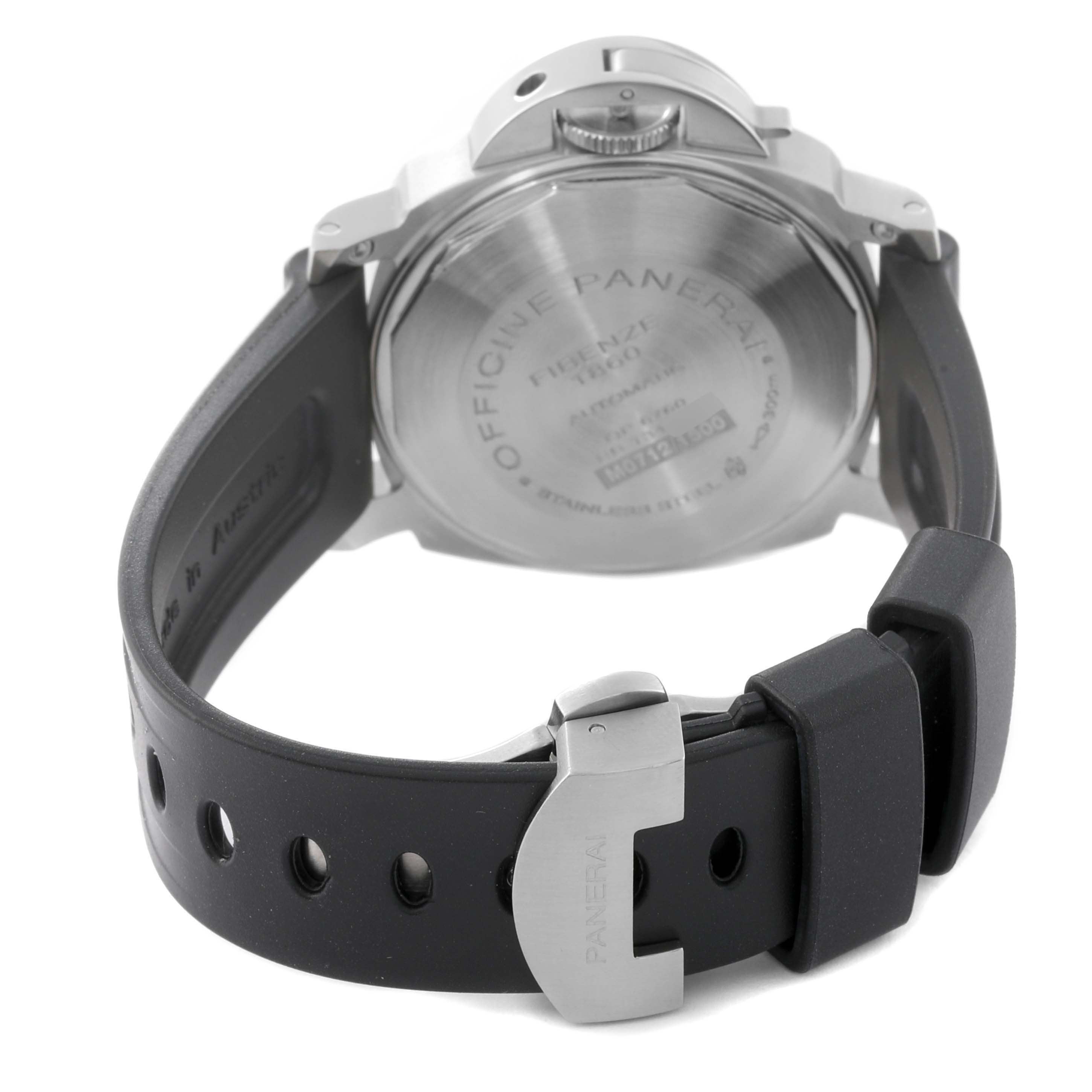 The image shows the back case and strap of a Panerai Luminor PAM00048 Men
s Stainless Steel Black Dial PAM00048 Men
s Stainless Steel Black Dial watch from a rear angle.