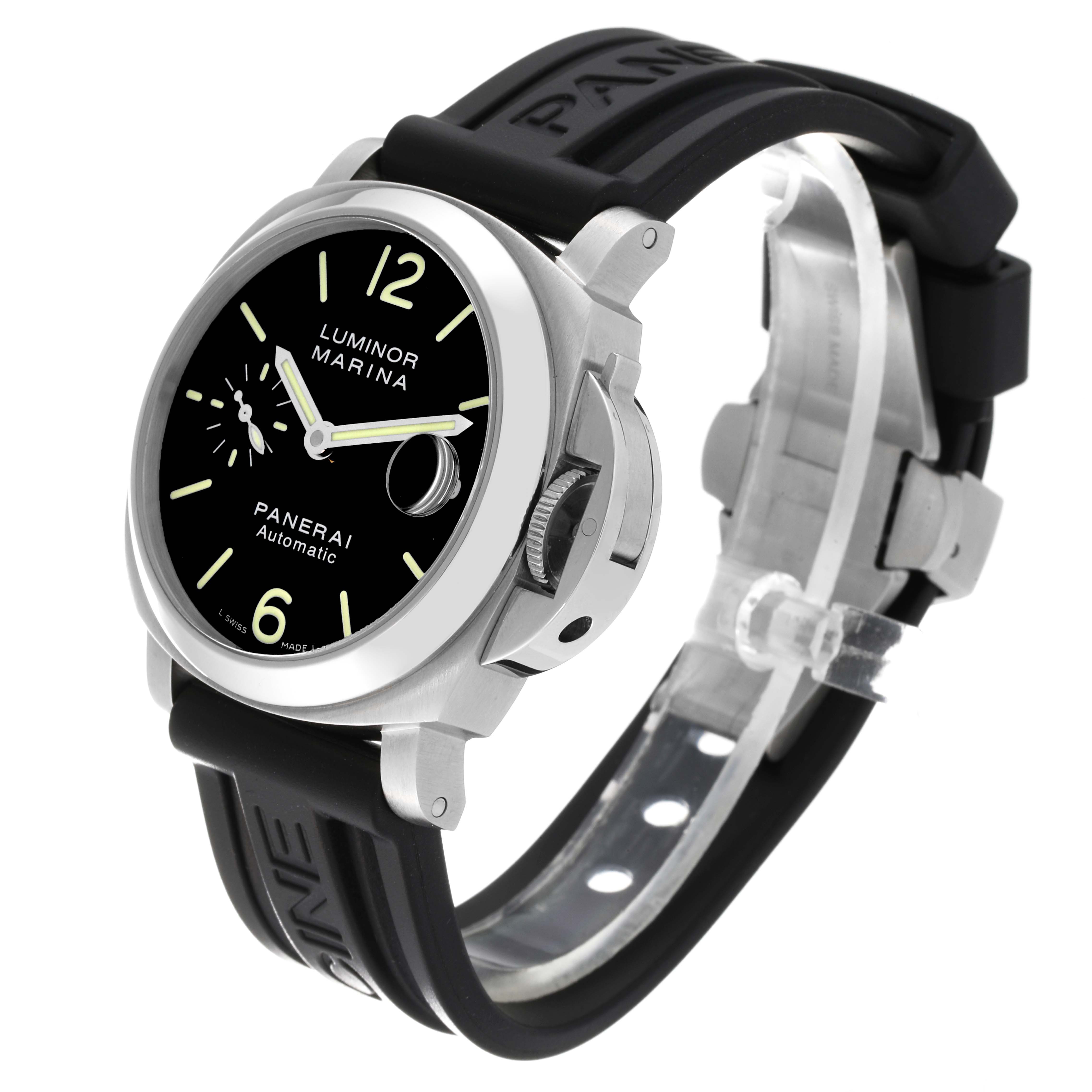 The image shows a Panerai Luminor PAM00048 Men
s Stainless Steel Black Dial PAM00048 Men
s Stainless Steel Black Dial watch at an oblique angle, highlighting the black dial, luminescent markers, and black rubber strap.