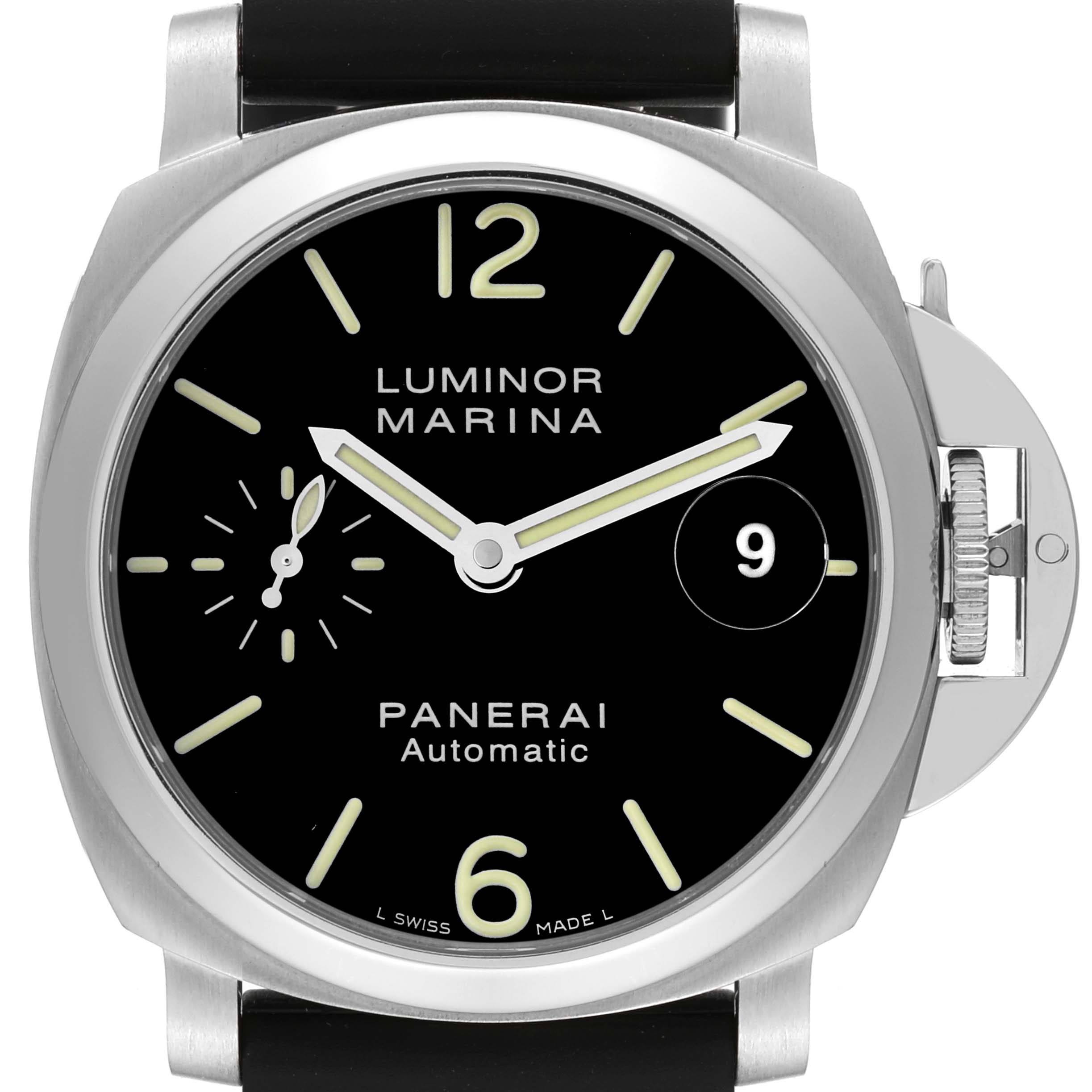 The image displays a front-facing view of the Panerai Luminor PAM00048 Men
s Stainless Steel Black Dial PAM00048 Men
s Stainless Steel Black Dial Marina model, showcasing the dial and crown guard.