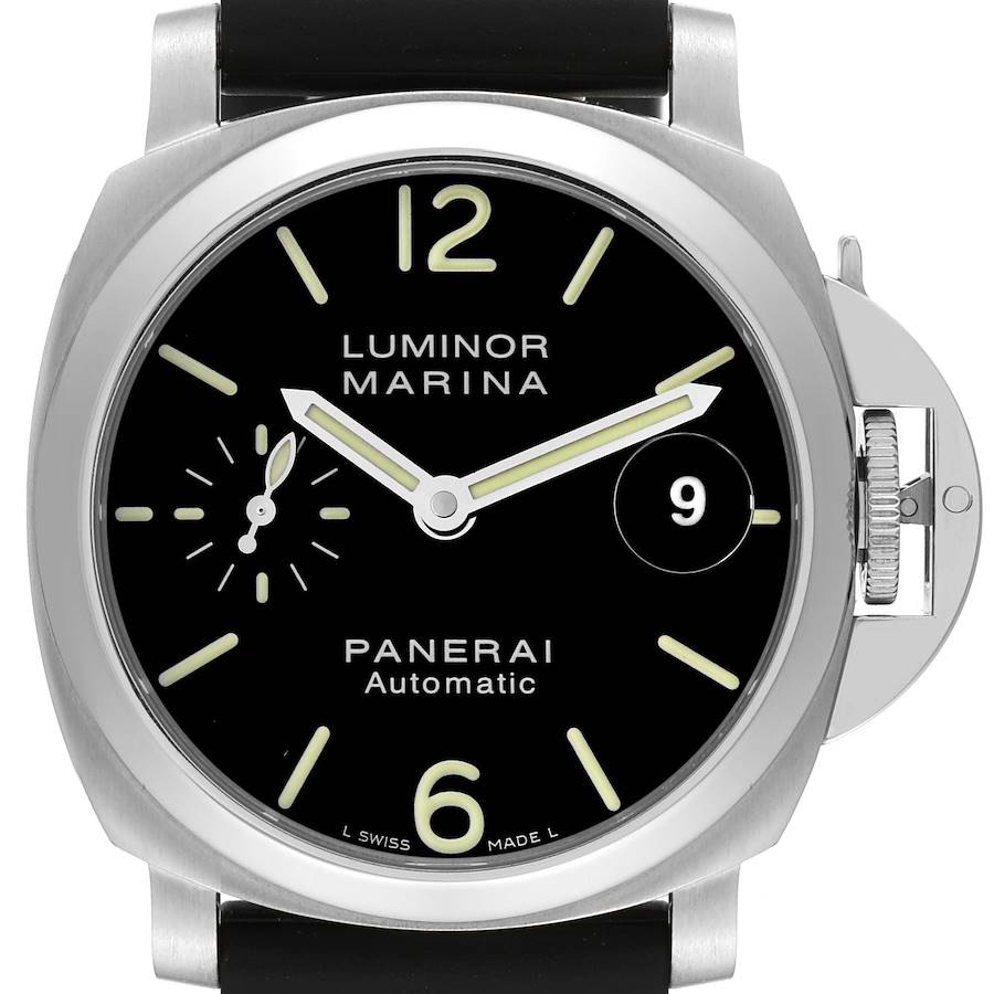 The image displays a front-facing view of the Panerai Luminor Marina model, showcasing the dial and crown guard.