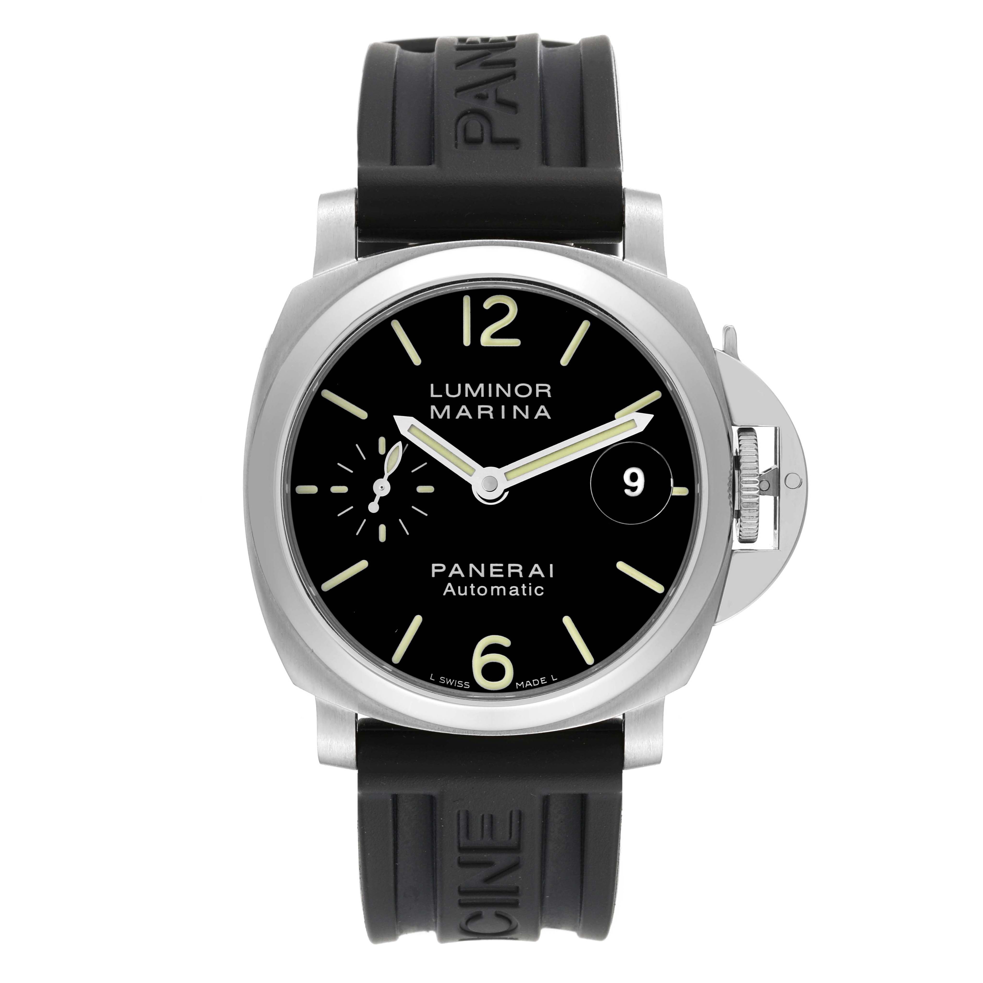 This Panerai Luminor PAM00048 Men
s Stainless Steel Black Dial PAM00048 Men
s Stainless Steel Black Dial watch is shown from a front angle, displaying the dial, hands, date window, and black rubber strap.