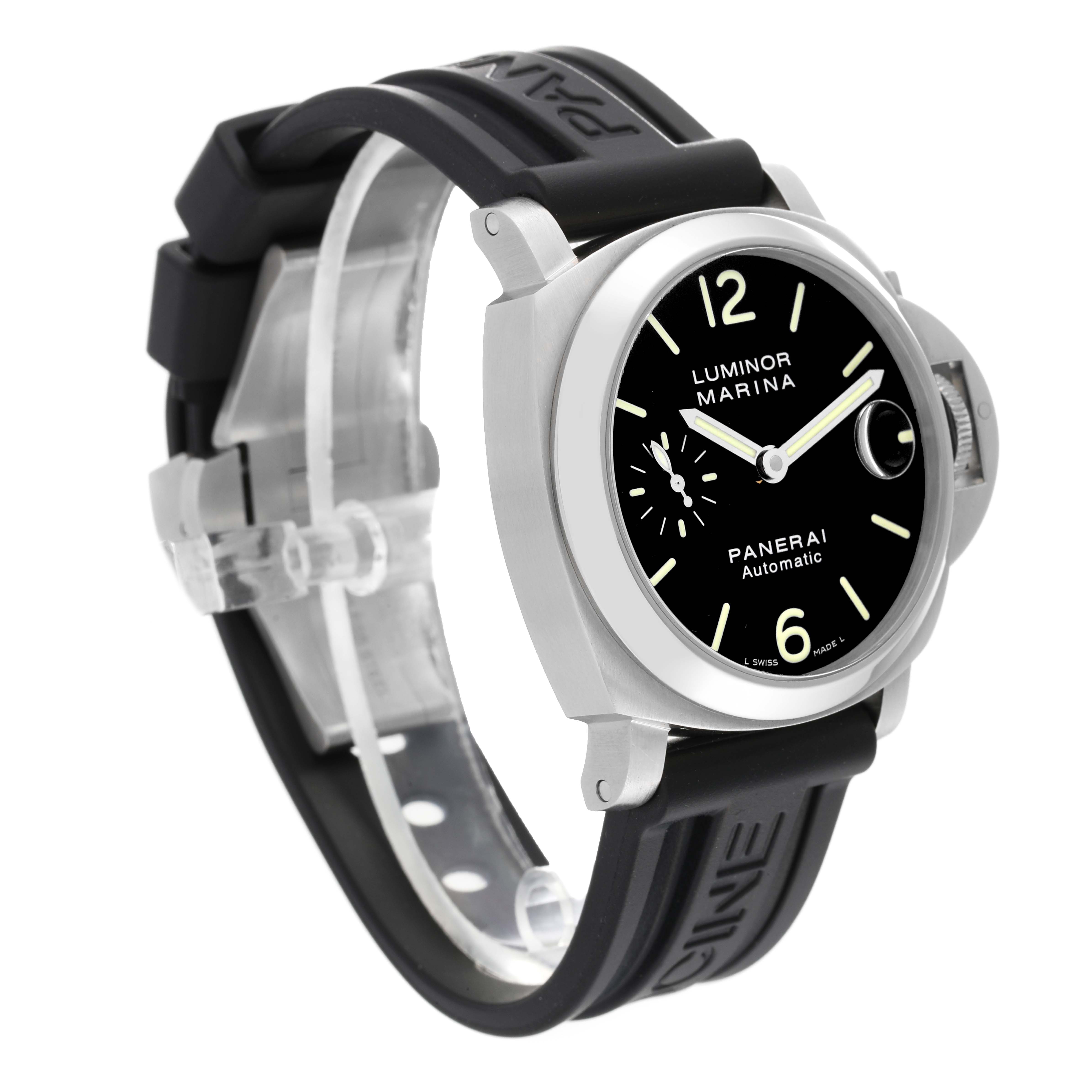 The Panerai Luminor PAM00048 Men
s Stainless Steel Black Dial PAM00048 Men
s Stainless Steel Black Dial watch is shown from a front-left angle, displaying the face, bezel, crown guard, and strap.