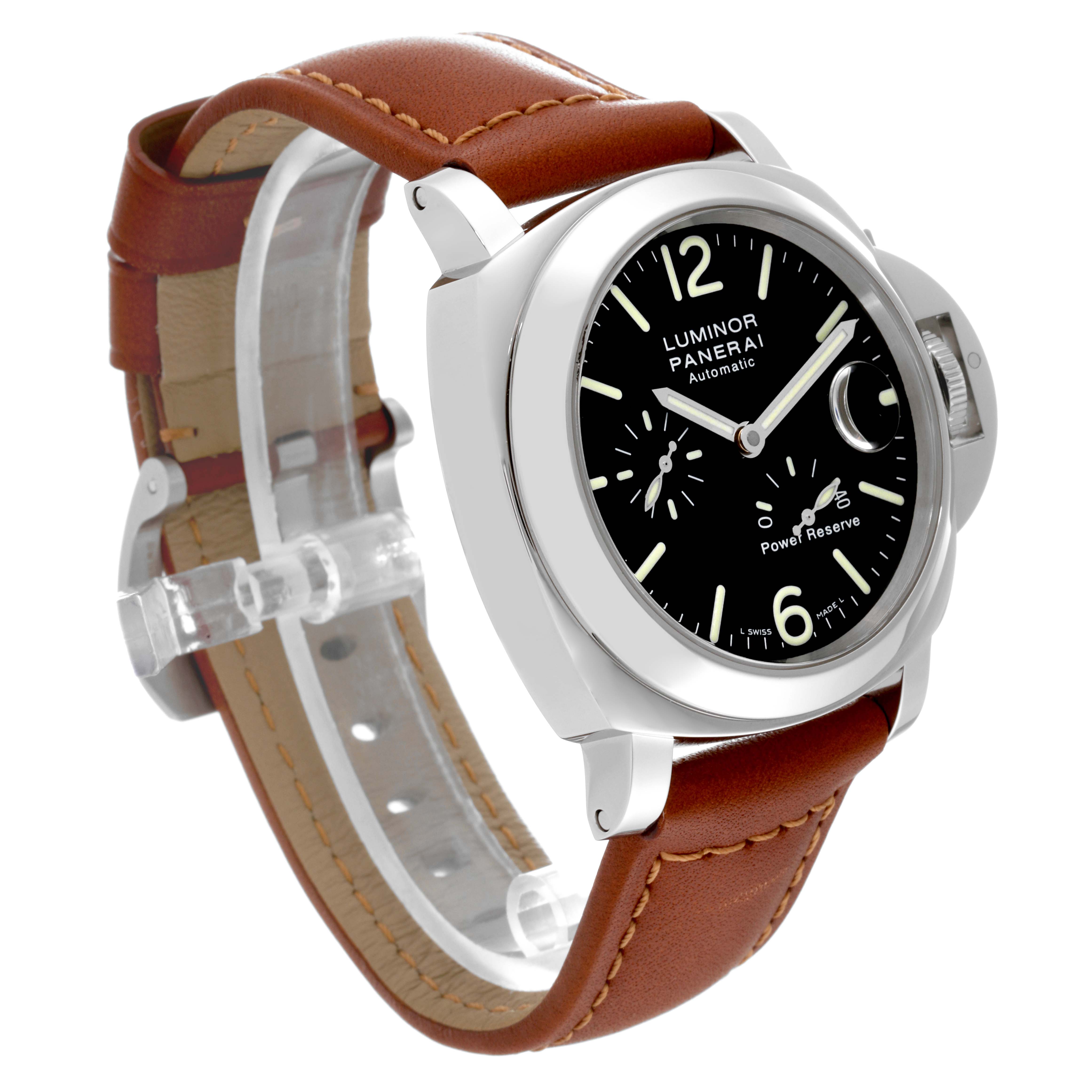 The image shows a Panerai Luminor PAM00090 Men
s Stainless Steel Black Dial PAM00090 Men
s Stainless Steel Black Dial watch at a three-quarter angle, highlighting the face, crown guard, and brown leather strap.