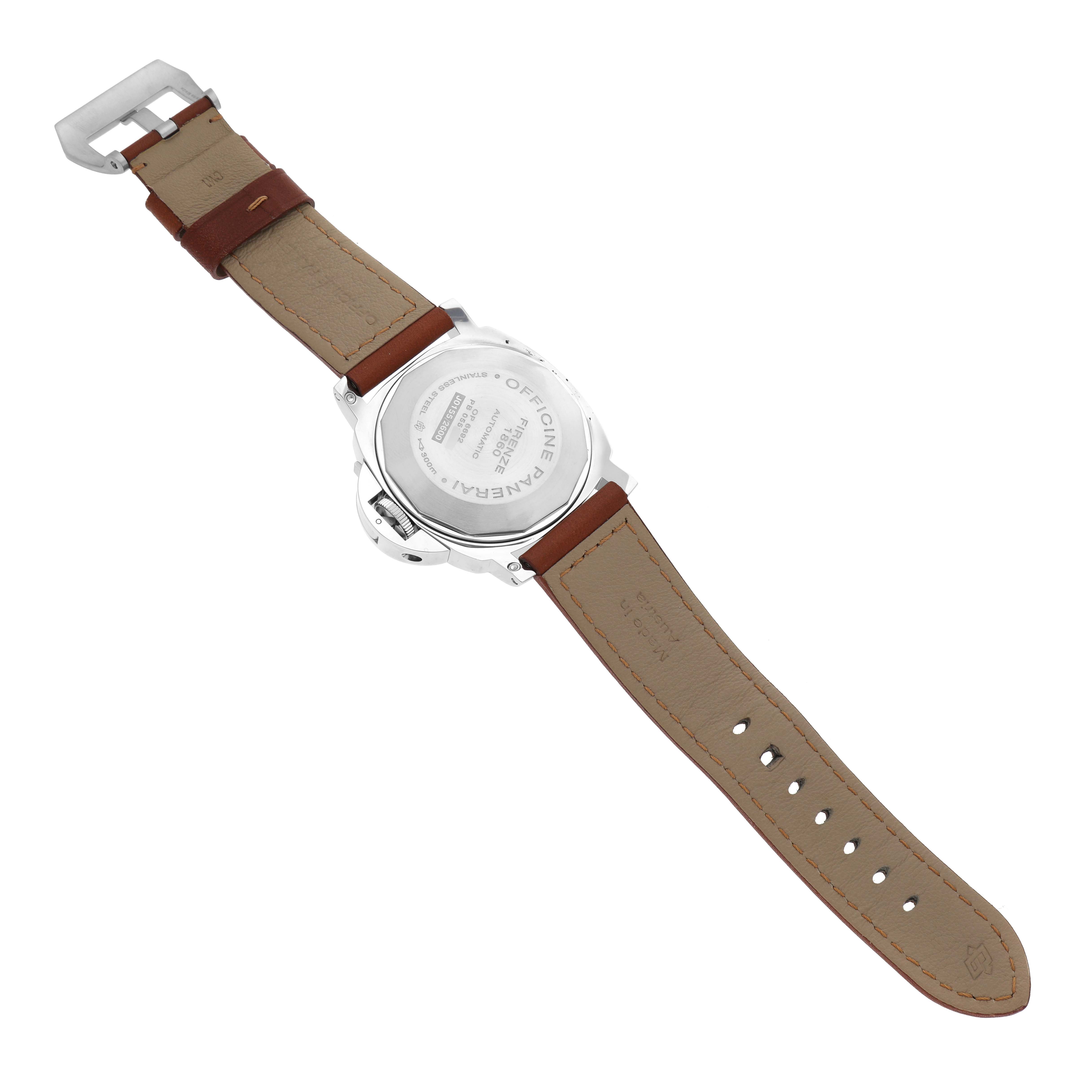 This image shows the back view of the Panerai Luminor PAM00090 Men
s Stainless Steel Black Dial PAM00090 Men
s Stainless Steel Black Dial watch, highlighting the case back and leather straps.