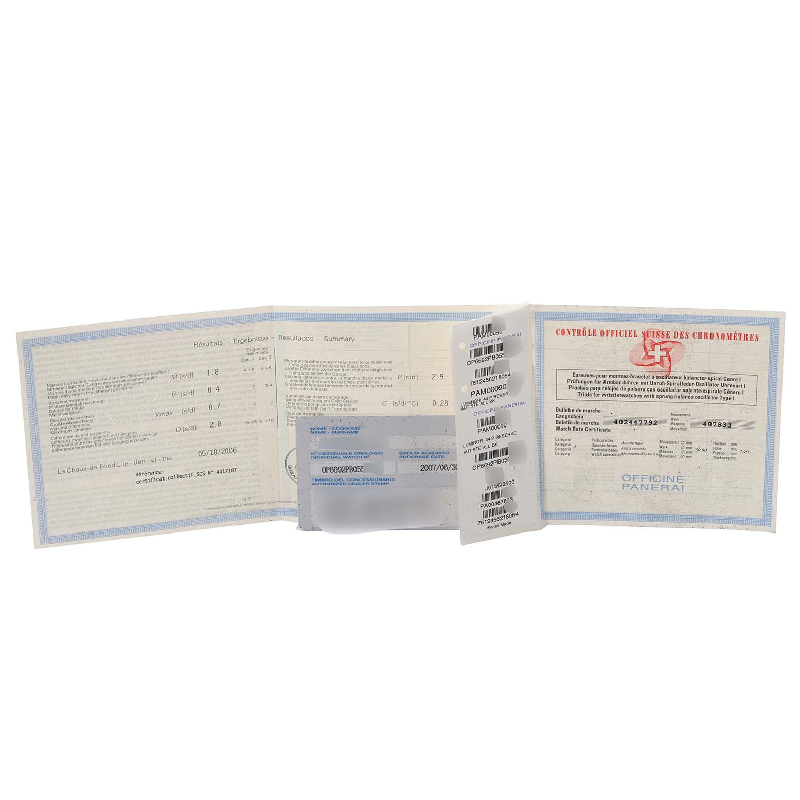 This image shows the official documentation and certificates for the Panerai Luminor PAM00090 Men
s Stainless Steel Black Dial PAM00090 Men
s Stainless Steel Black Dial model watch.