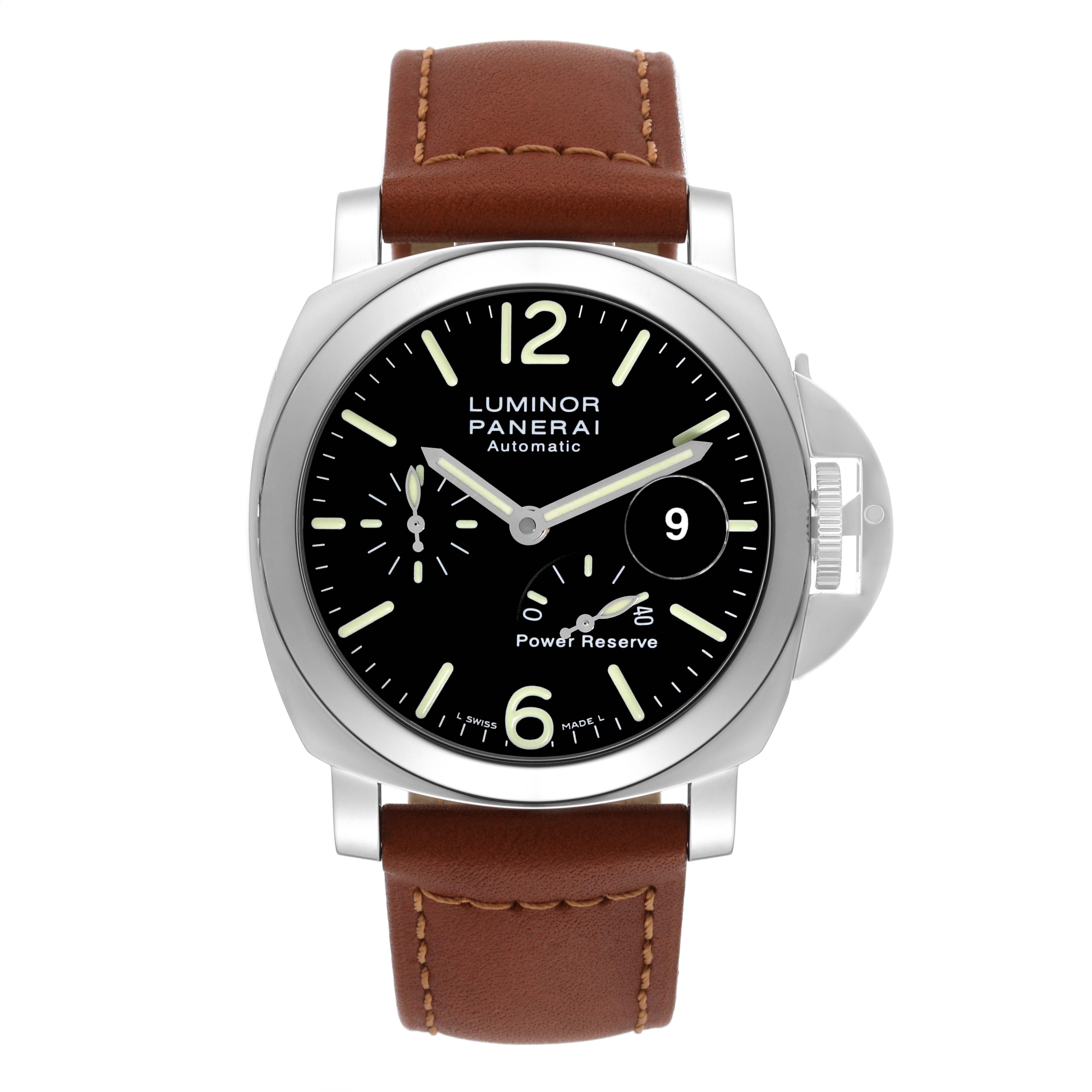 The image shows a full frontal view of a Panerai Luminor PAM00090 Men
s Stainless Steel Black Dial PAM00090 Men
s Stainless Steel Black Dial watch, showcasing its dial, case, and leather strap.