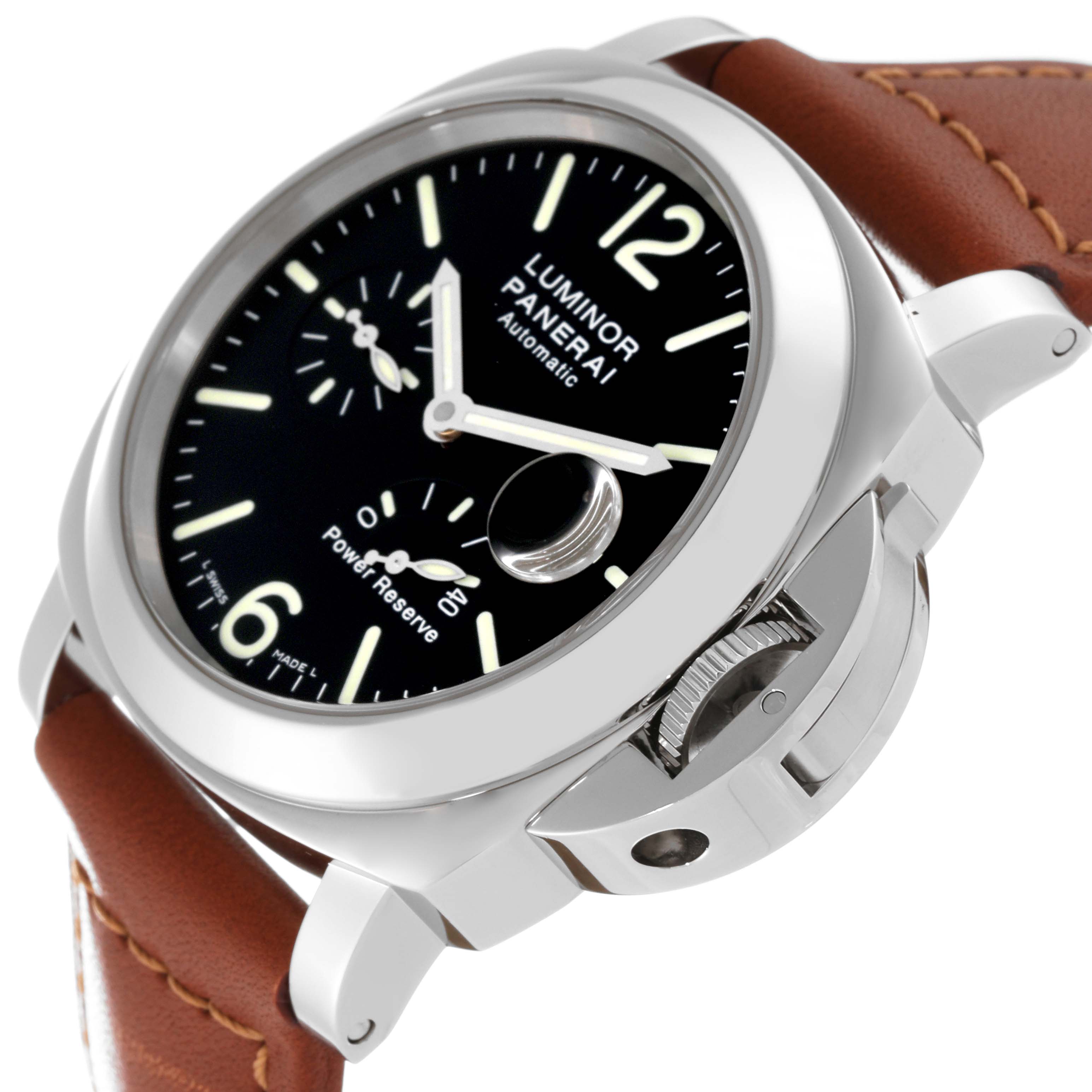 The image shows a side and slightly angled view of the Panerai Luminor PAM00090 Men
s Stainless Steel Black Dial PAM00090 Men
s Stainless Steel Black Dial watch highlighting the dial, crown guard, and parts of the leather strap.