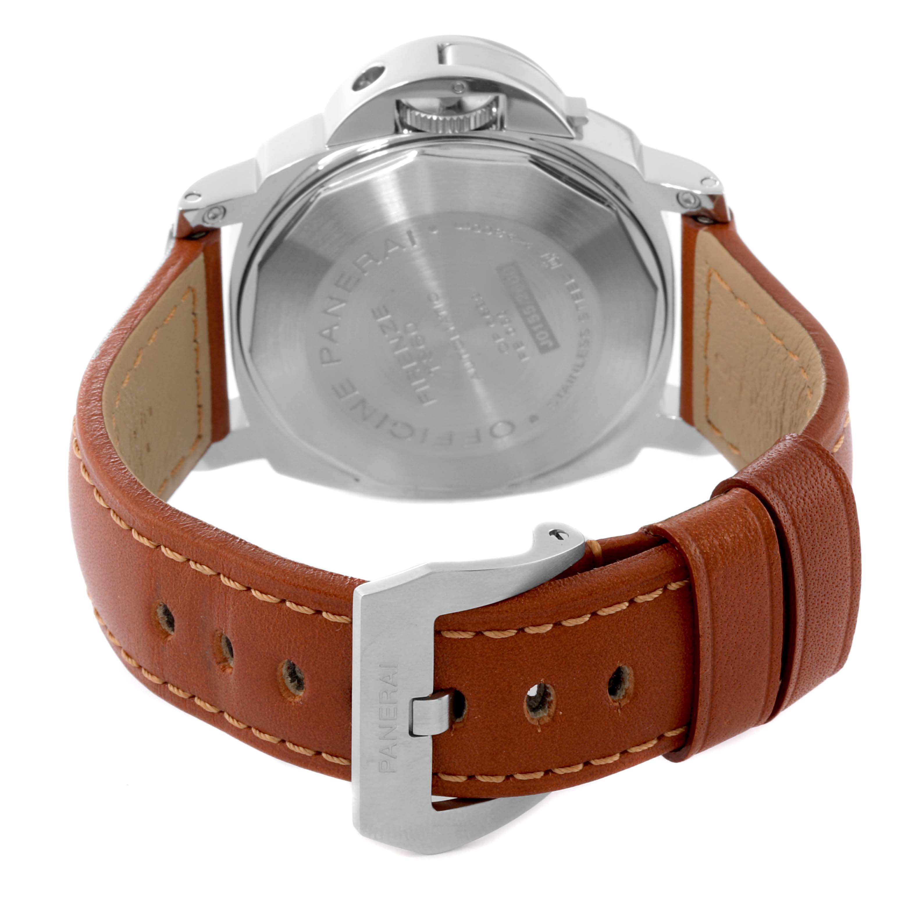 This image shows the back case and leather strap of a Panerai Luminor PAM00090 Men
s Stainless Steel Black Dial PAM00090 Men
s Stainless Steel Black Dial watch from a rear angle.